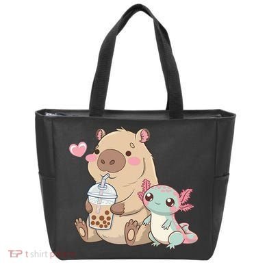 Cute Axolotl Lover Capybara Kawaii Anime Drinking Bubble Tea Tote Bag