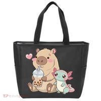 Cute Axolotl Lover Capybara Kawaii Anime Drinking Bubble Tea Tote Bag thumb 0