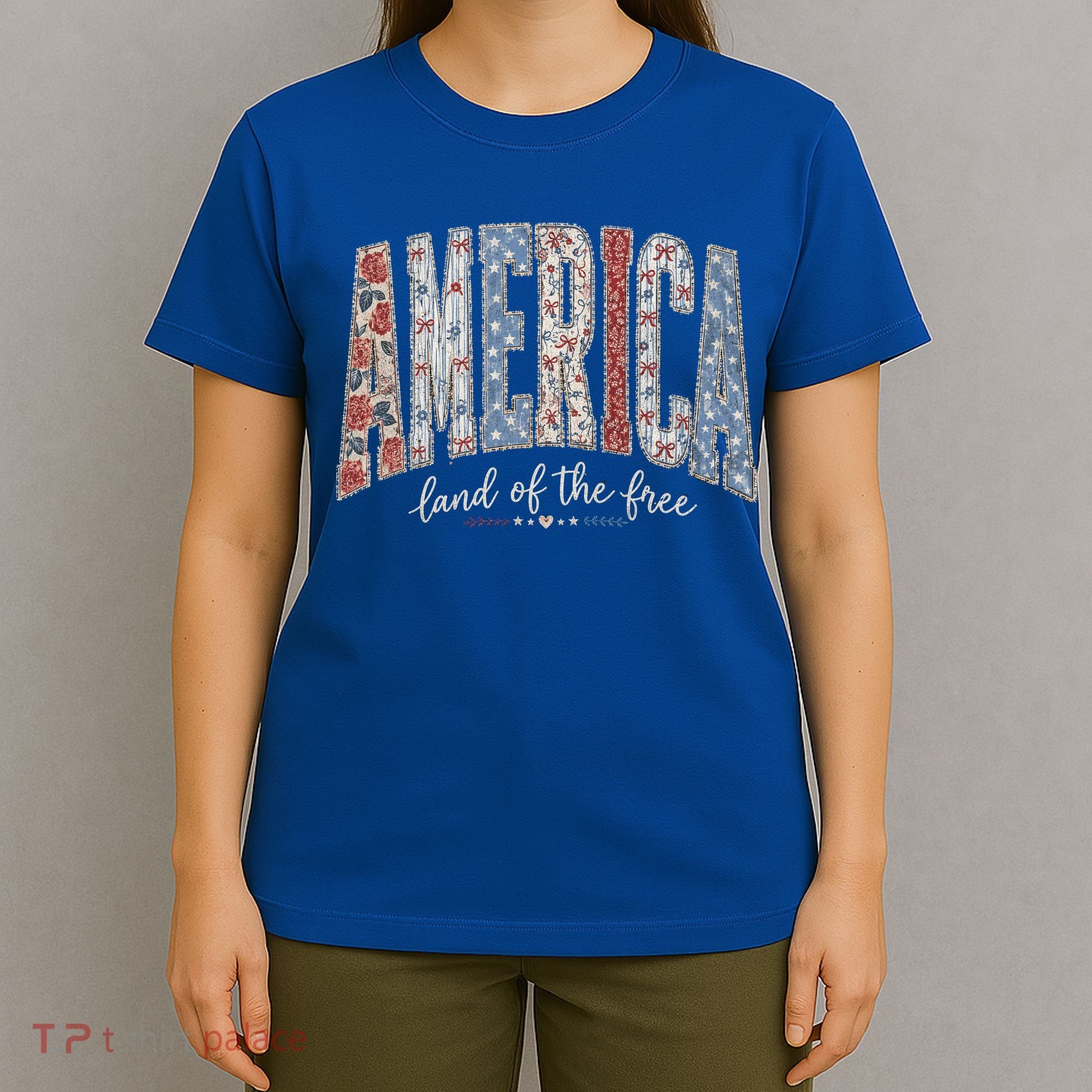 Cute America Land Of The Free Patchwork Varsity Style T-Shirt