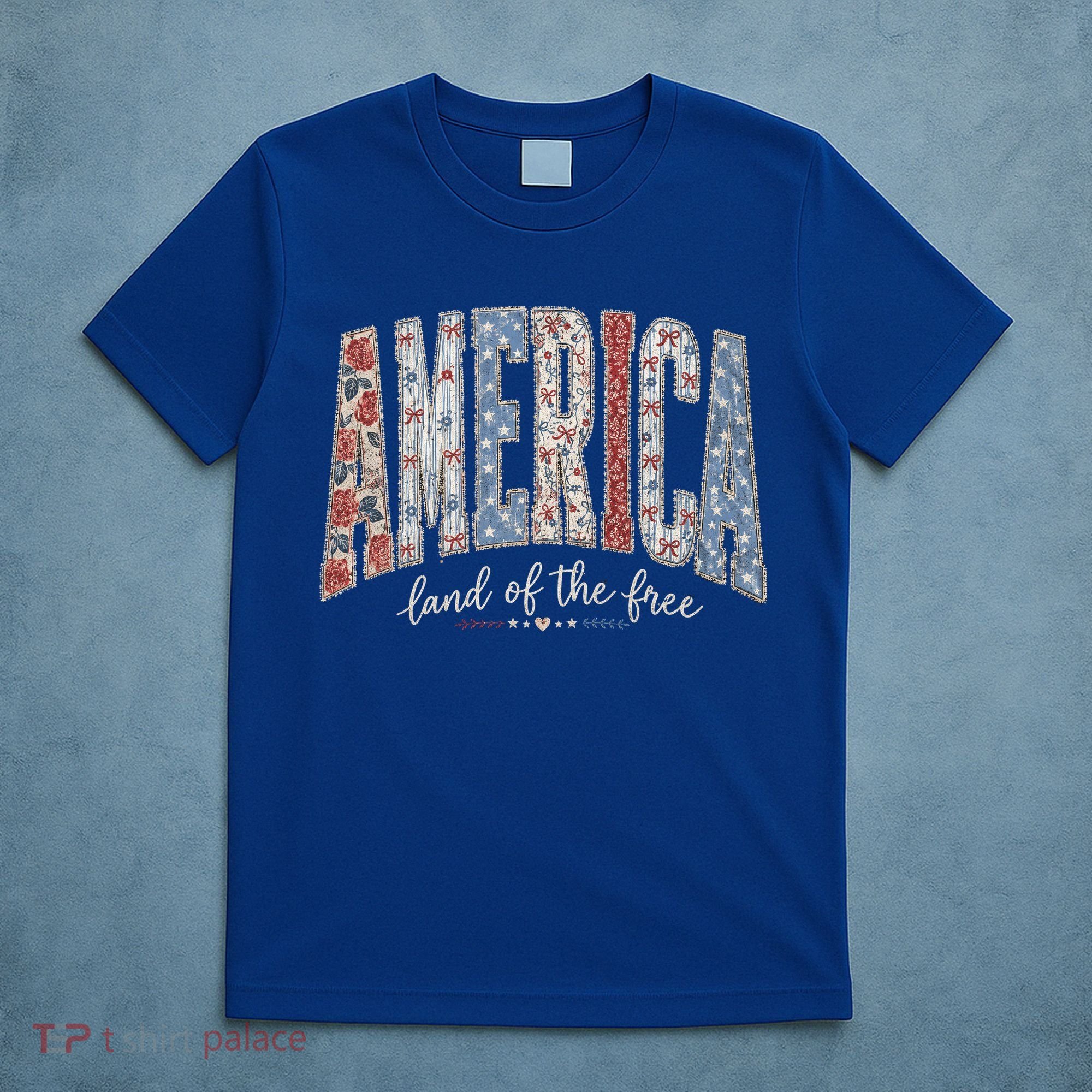 Cute America Land Of The Free Patchwork Varsity Style T-Shirt