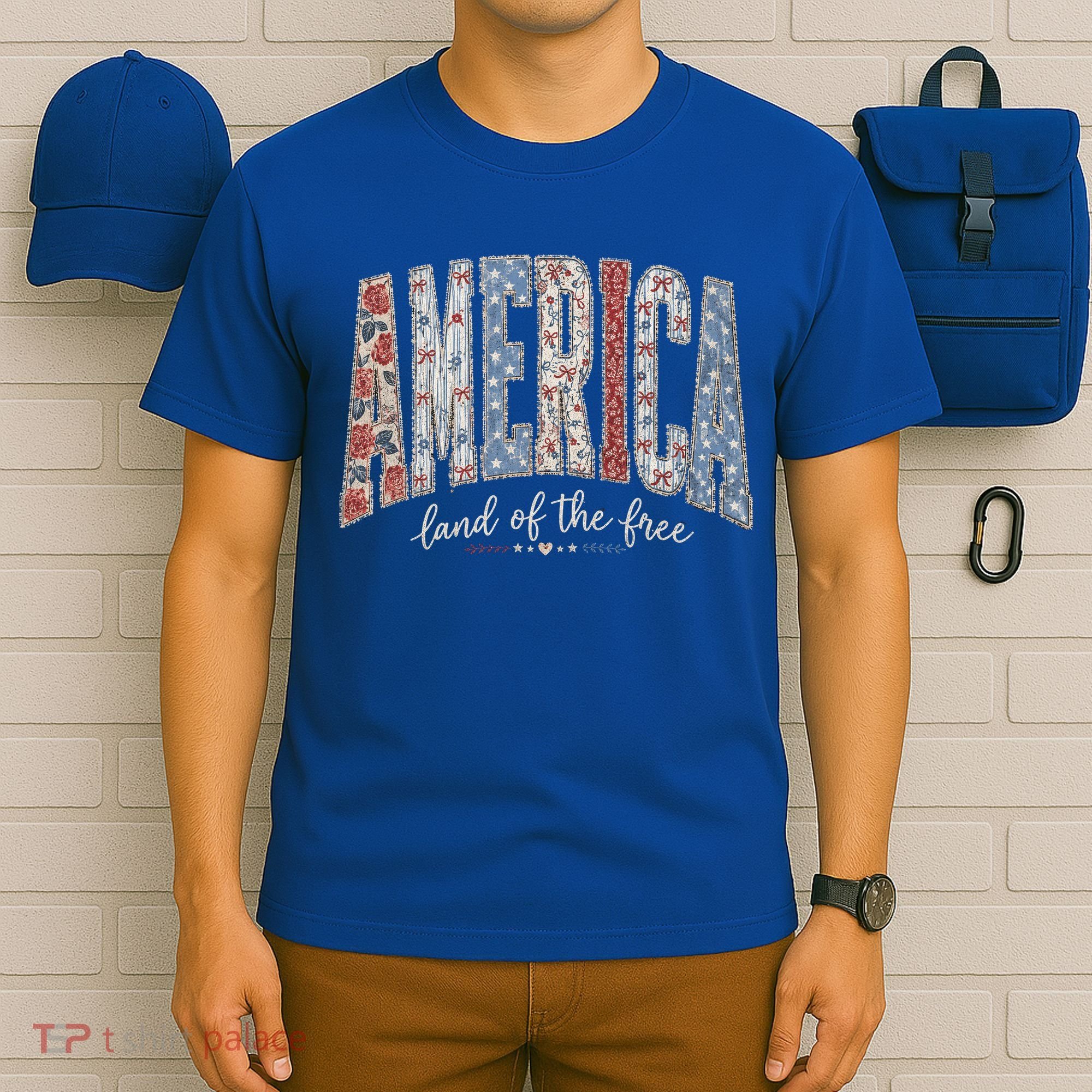 Cute America Land Of The Free Patchwork Varsity Style T-Shirt