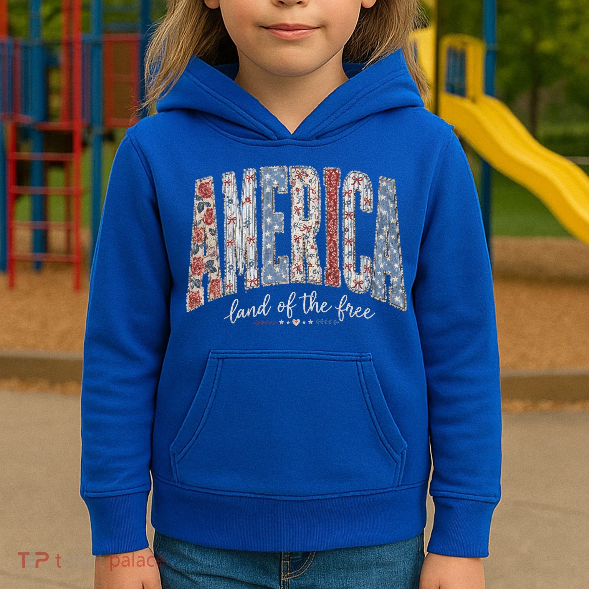 Cute America Land Of The Free Patchwork Varsity Style Kids Hoodie