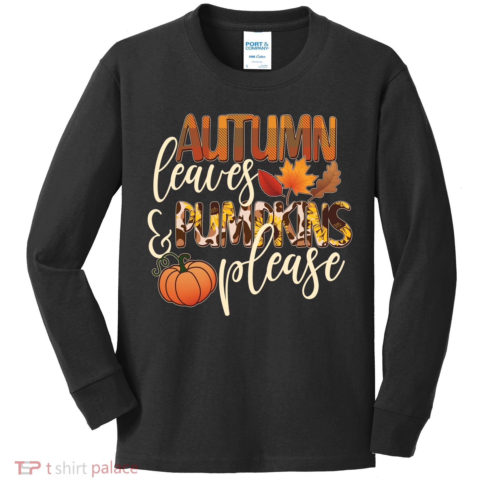Cute Autumn Leaves And Pumpkins Please Kids Long Sleeve Shirt