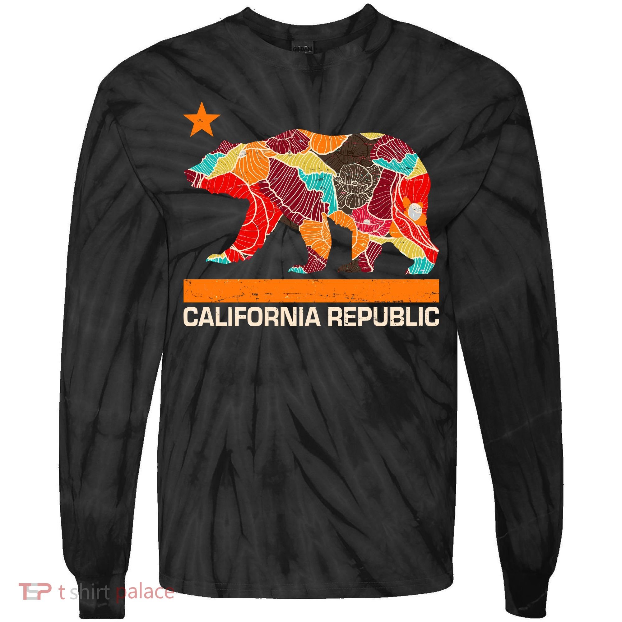 California Republic Logo Flower Floral Pattern Bear Tie-Dye Long Sleeve Shirt