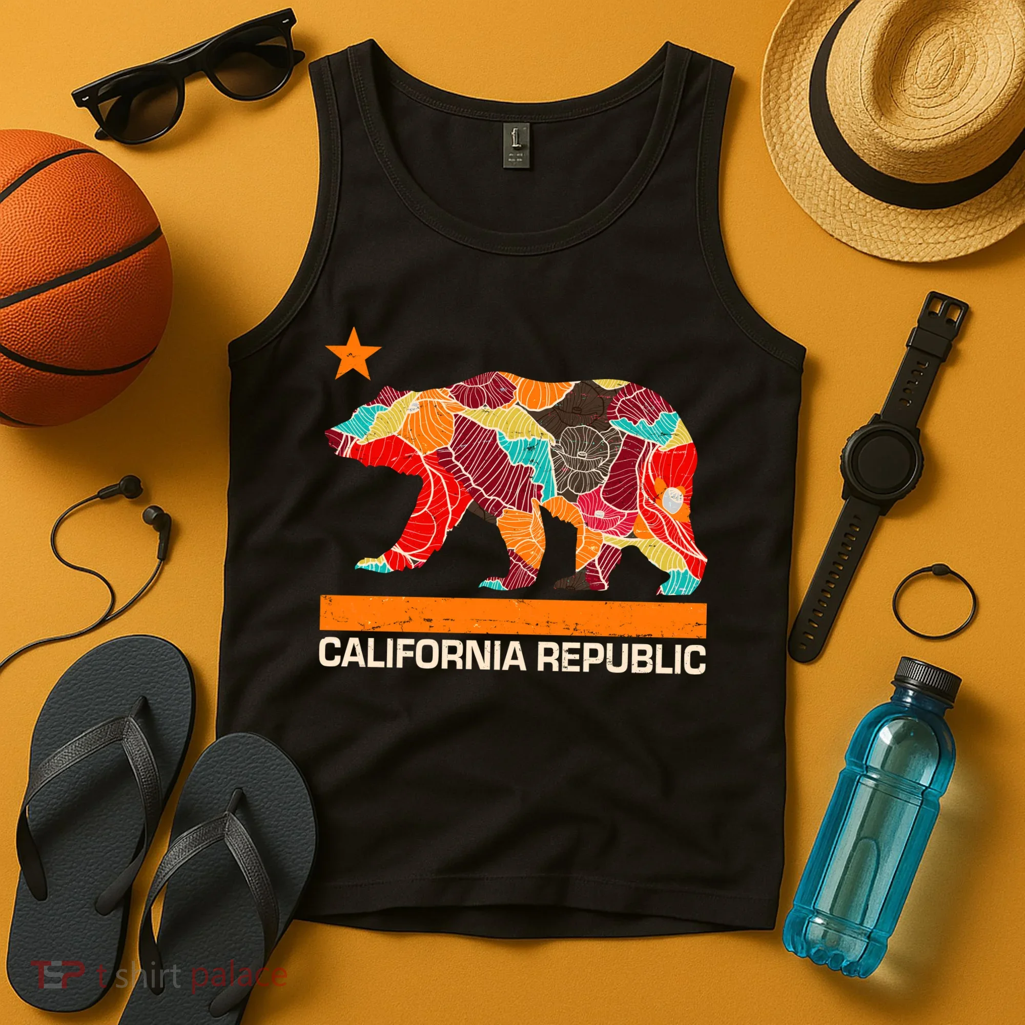 California Republic Logo Flower Floral Pattern Bear Tank Top