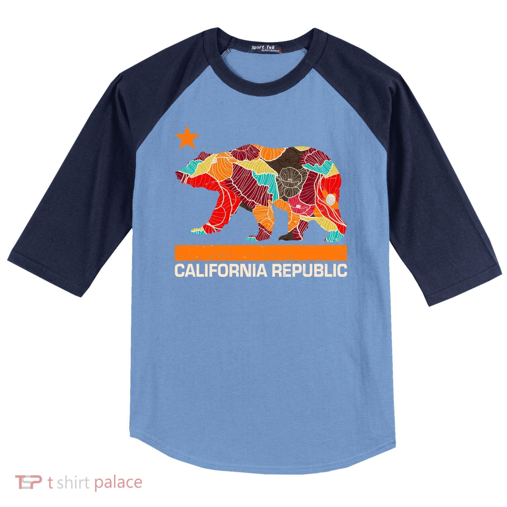 California Republic Logo Flower Floral Pattern Bear Raglan Baseball Sleeve Shirt