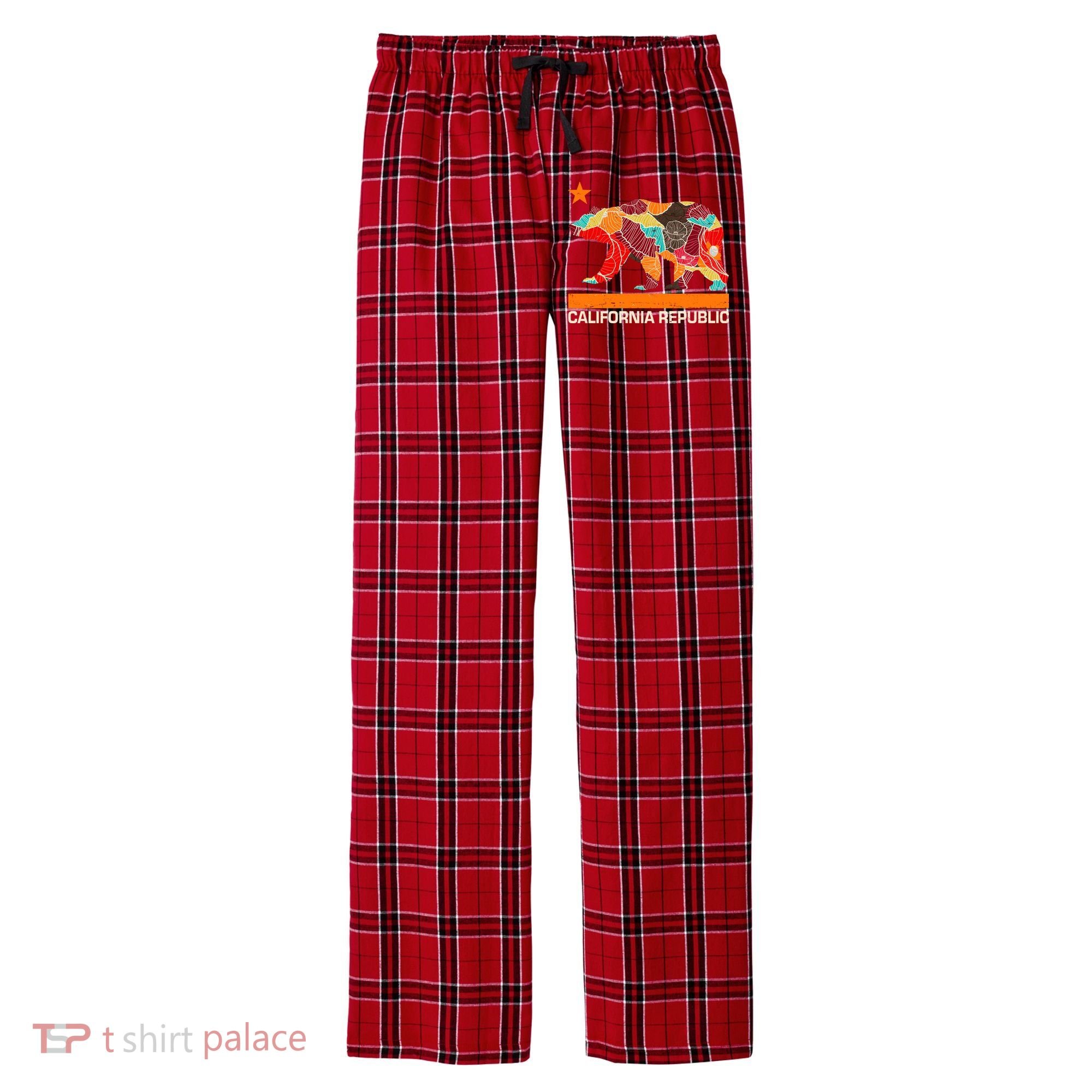 California Republic Logo Flower Floral Pattern Bear Men's Flannel Plaid Pajama Pants