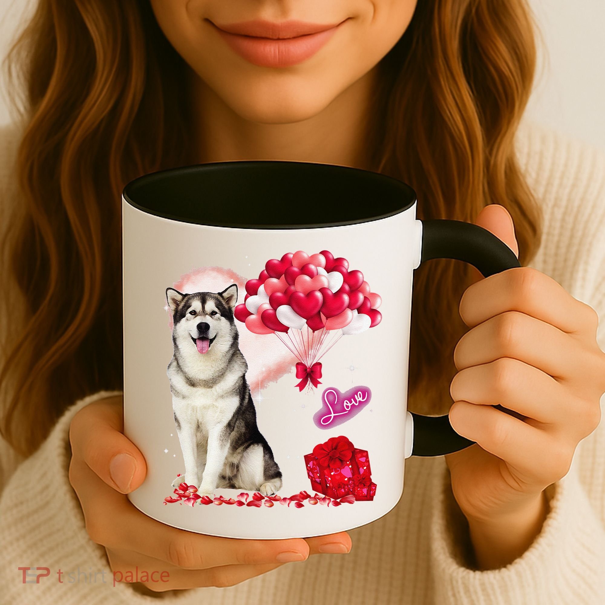 Cute Alaskan Malamute Balloon Heart Valentine's Day Coffee Mug