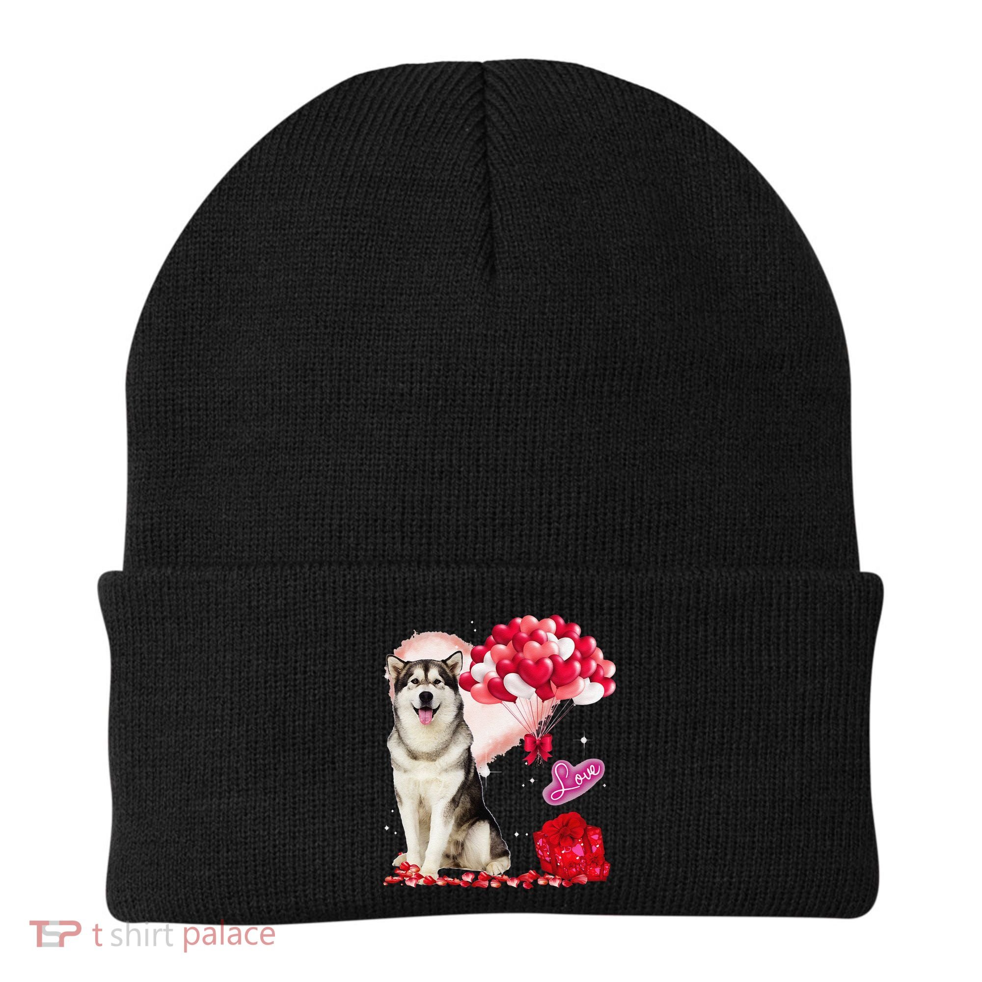 Cute Alaskan Malamute Balloon Heart Valentine's Day Beanie