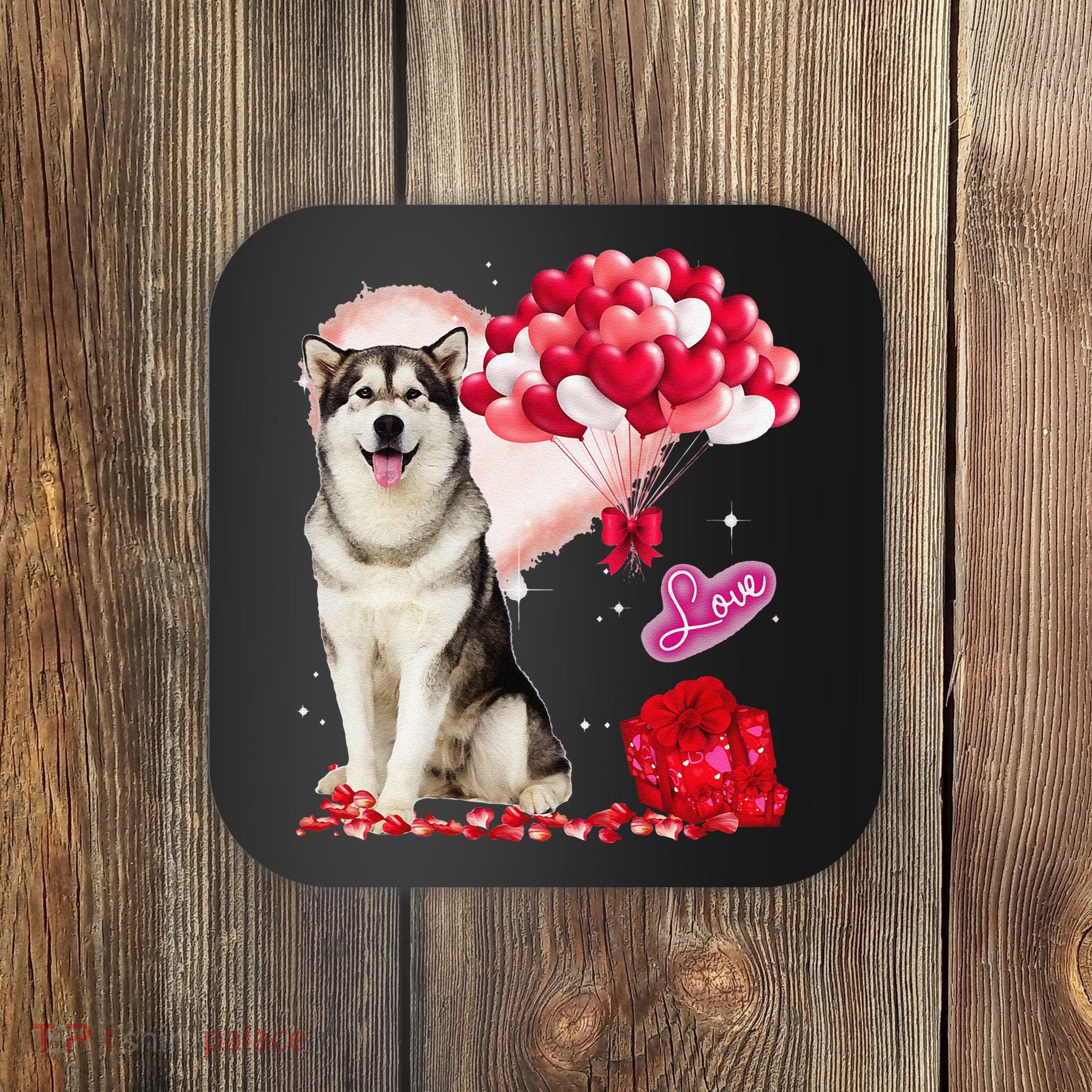 Cute Alaskan Malamute Balloon Heart Valentine's Day Coaster