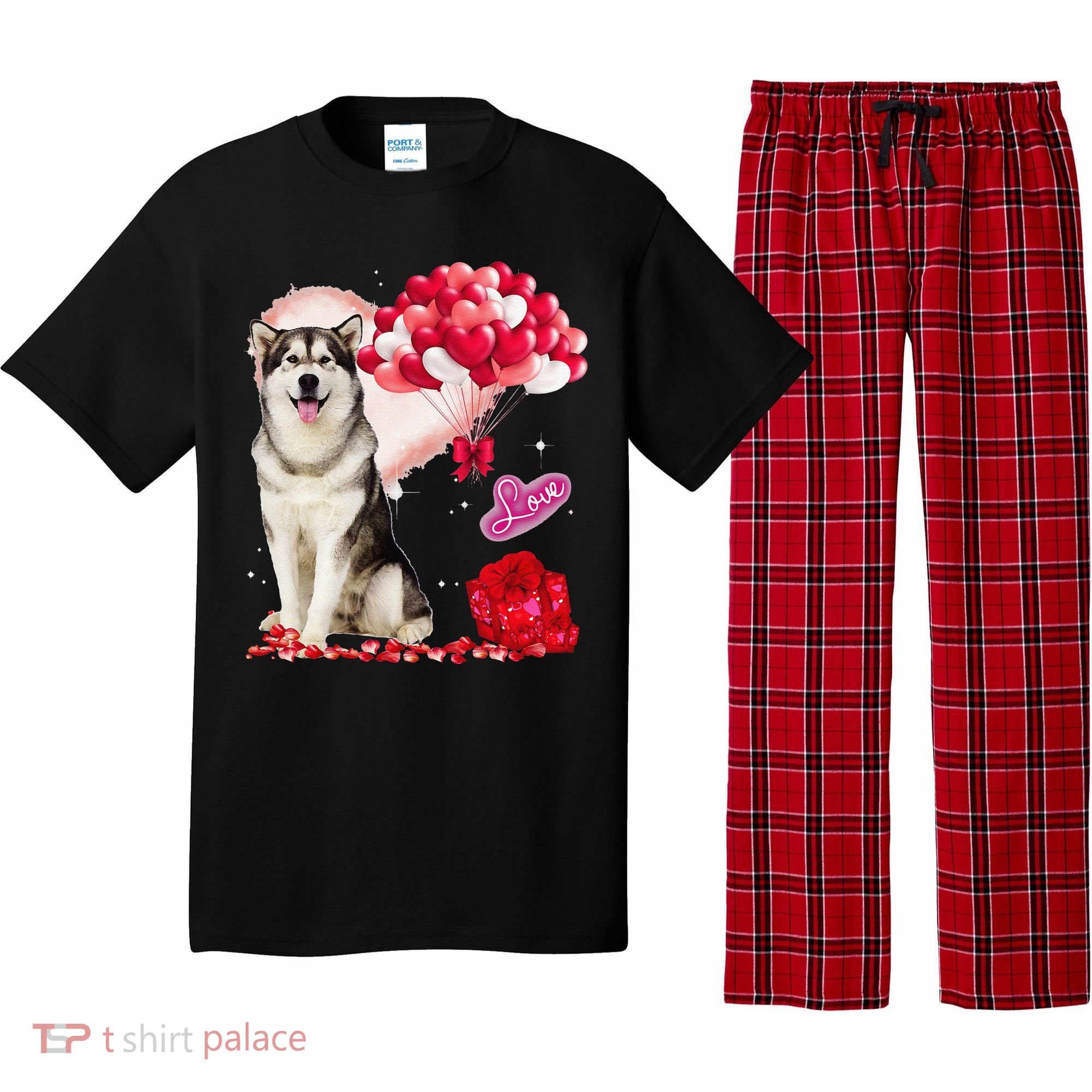 Cute Alaskan Malamute Balloon Heart Valentine's Day Pajama Set