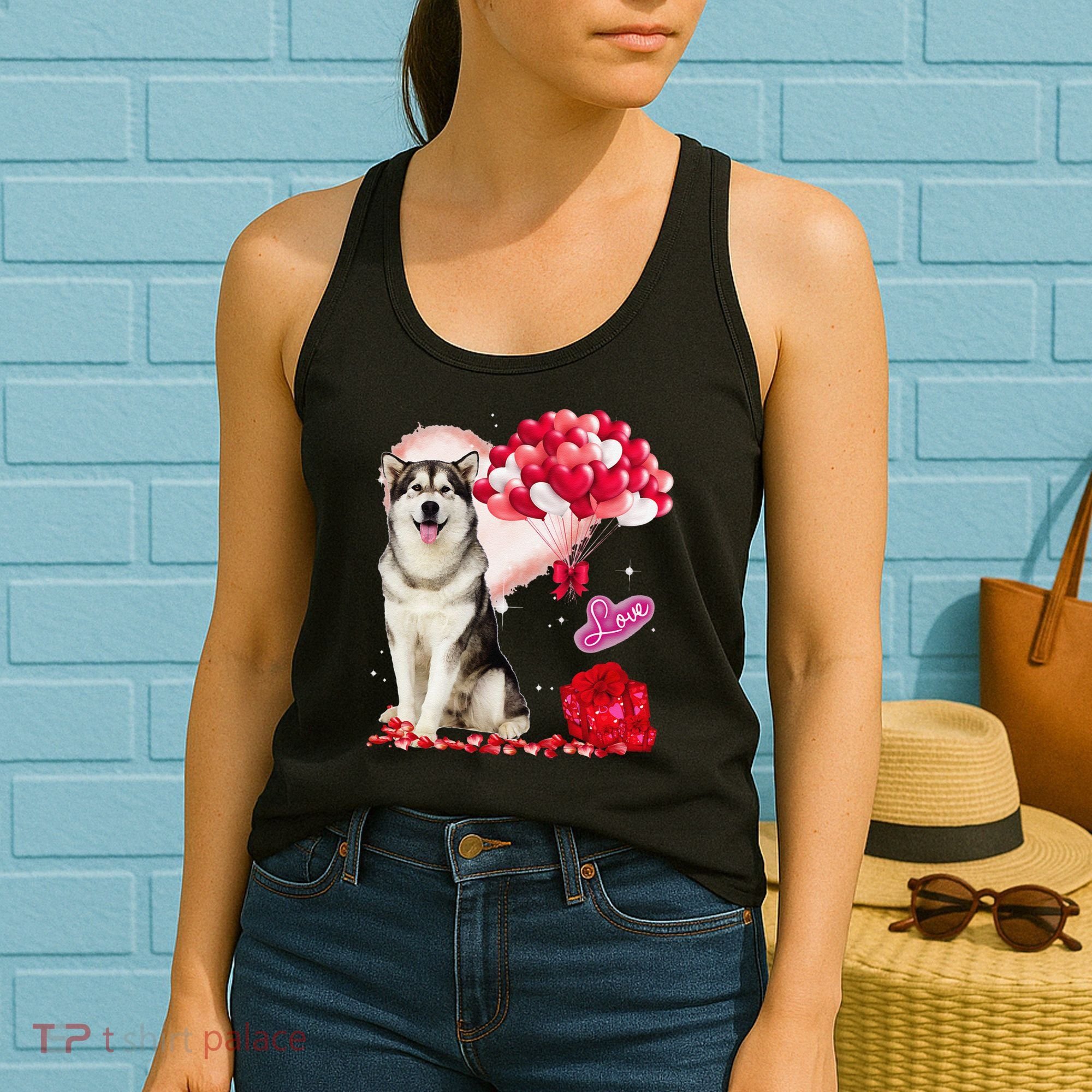 Cute Alaskan Malamute Balloon Heart Valentine's Day Women's Tank Top