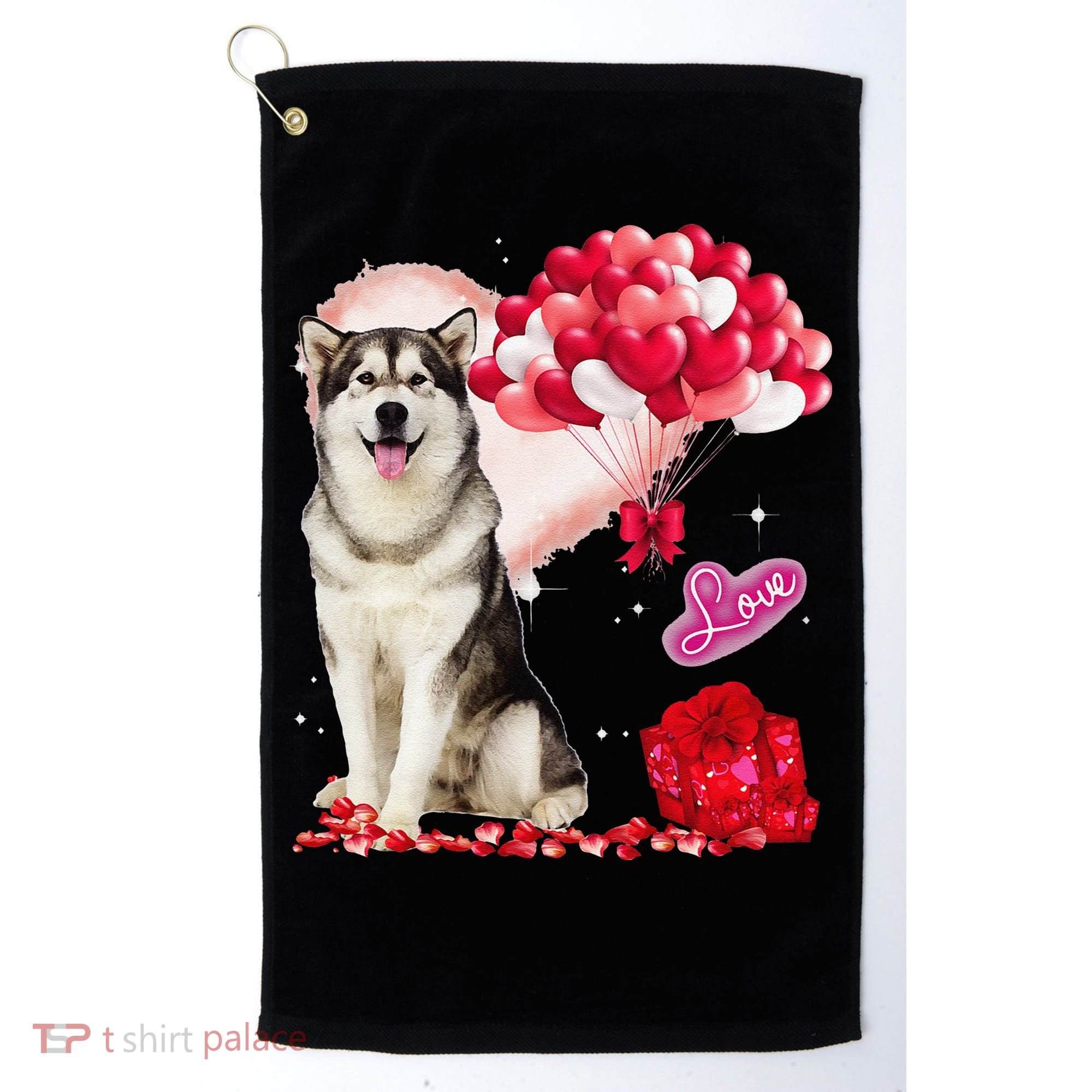 Cute Alaskan Malamute Balloon Heart Valentine's Day Golf Towel