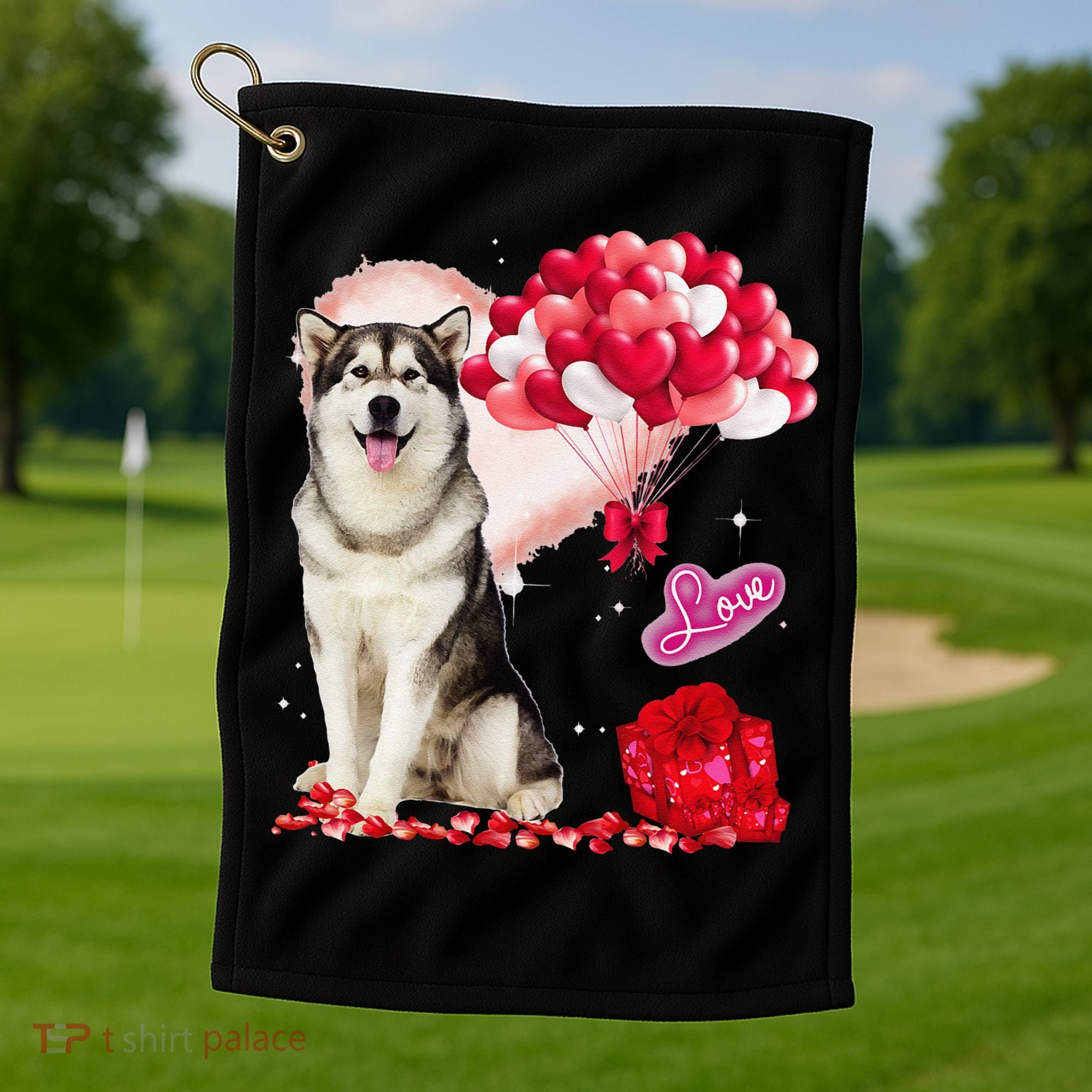 Cute Alaskan Malamute Balloon Heart Valentine's Day Golf Towel