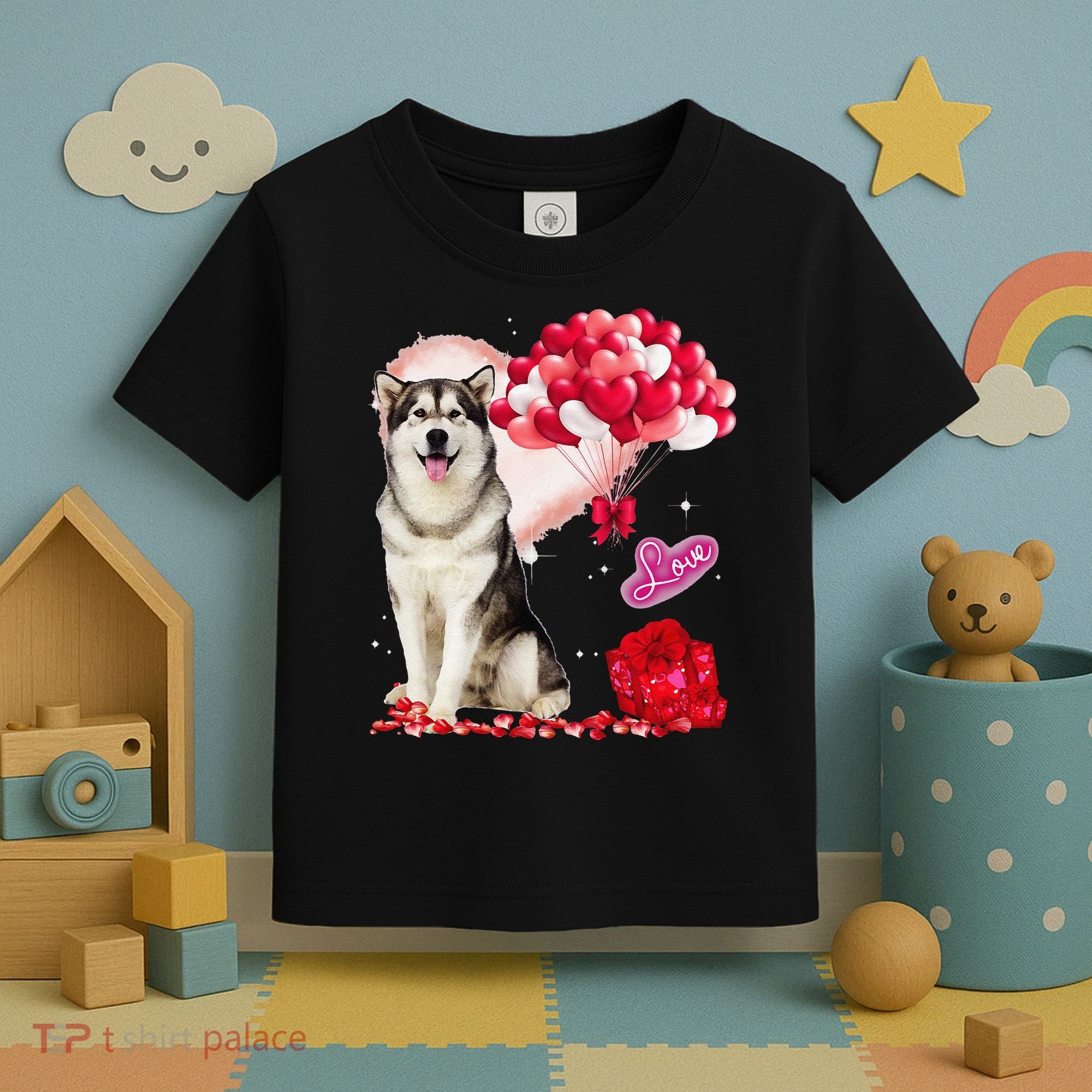 Cute Alaskan Malamute Balloon Heart Valentine's Day Toddler T-Shirt