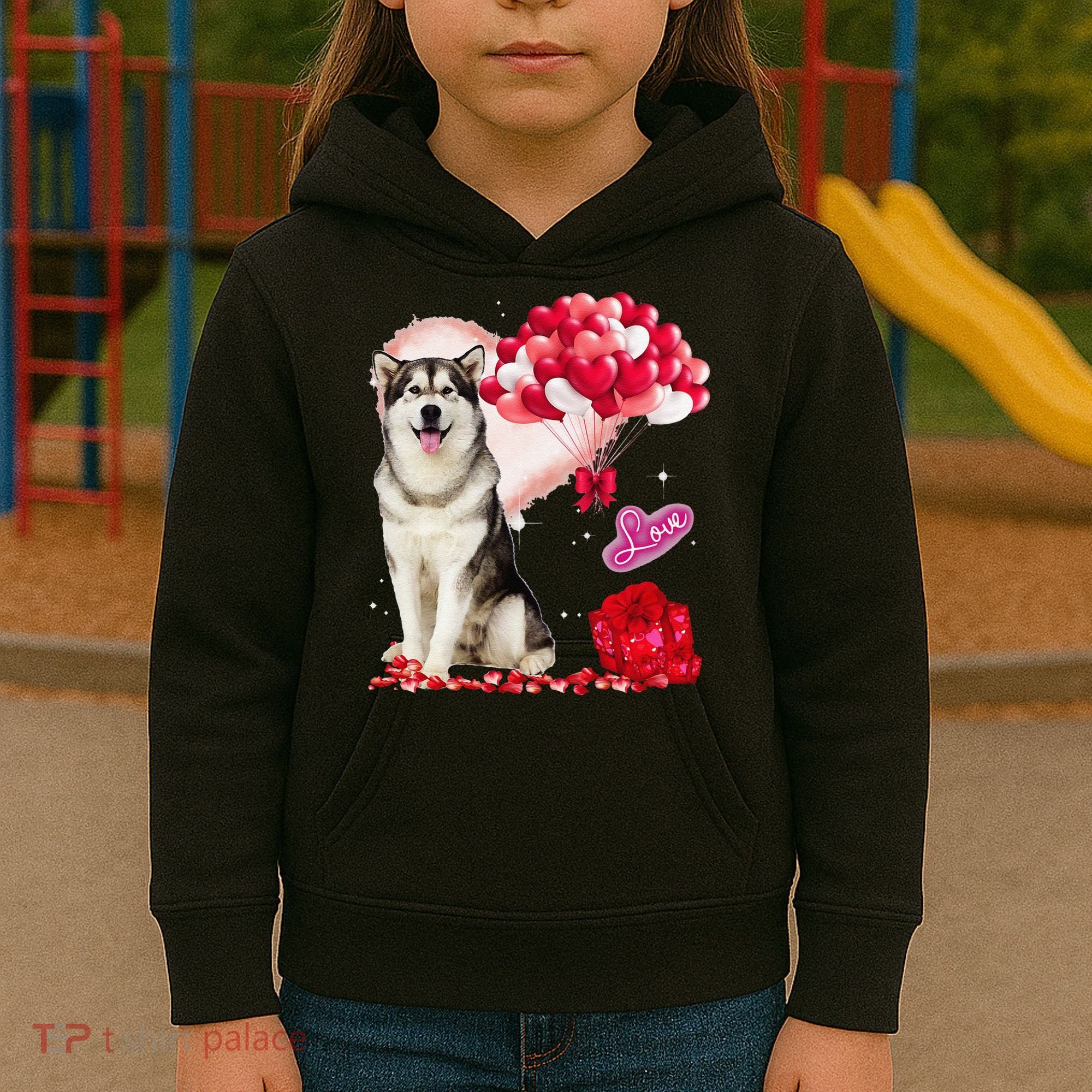 Cute Alaskan Malamute Balloon Heart Valentine's Day Kids Hoodie
