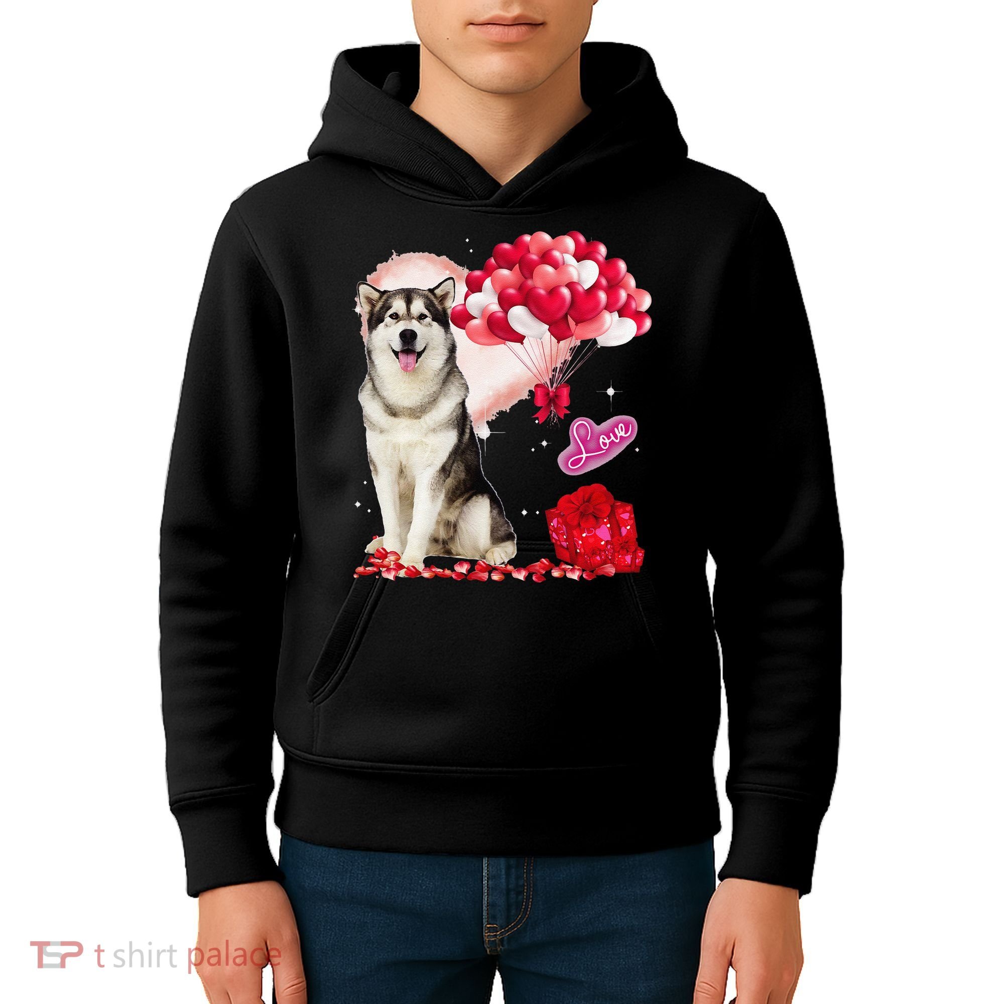 Cute Alaskan Malamute Balloon Heart Valentine's Day Kids Hoodie