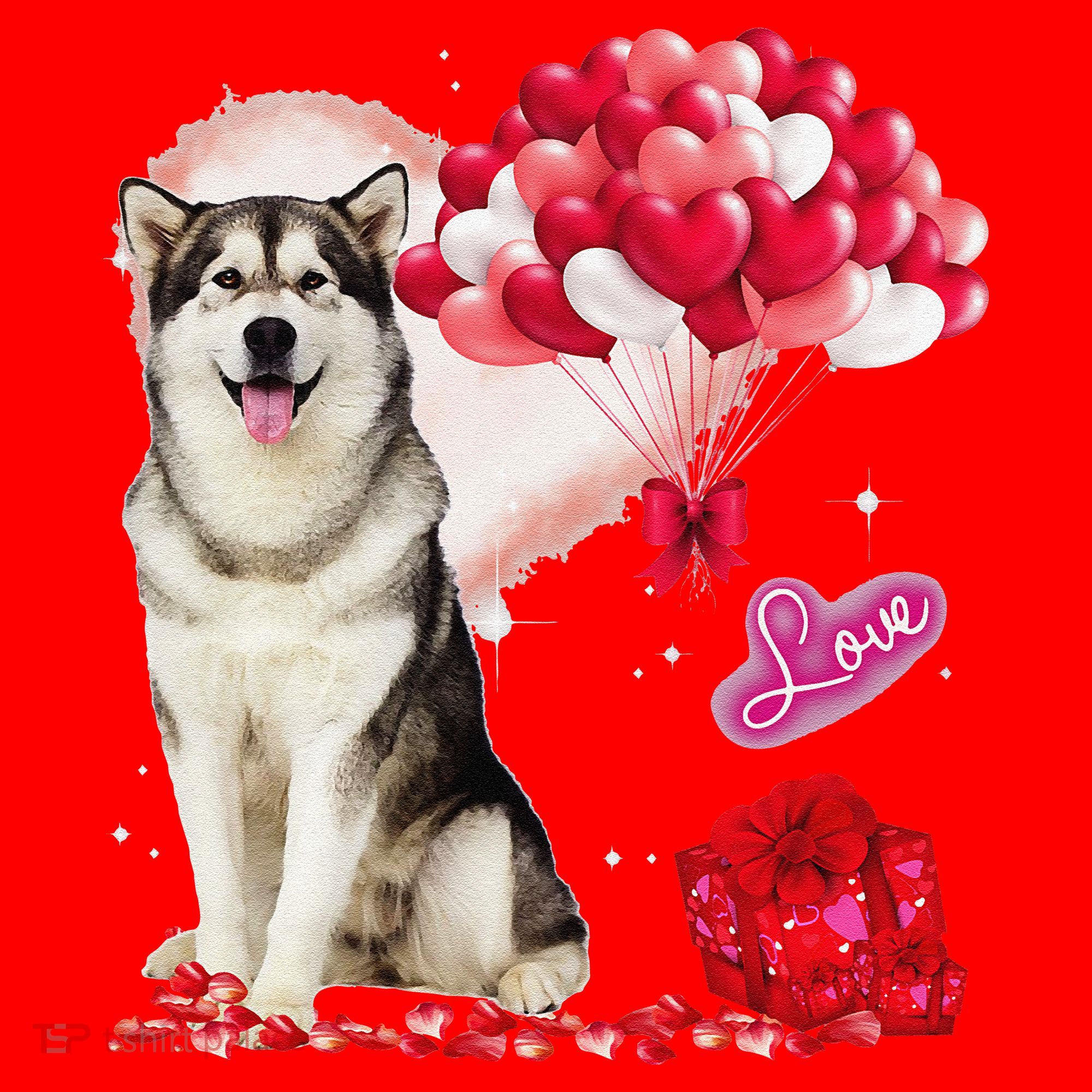 Cute Alaskan Malamute Balloon Heart Valentine's Day Santa Hat