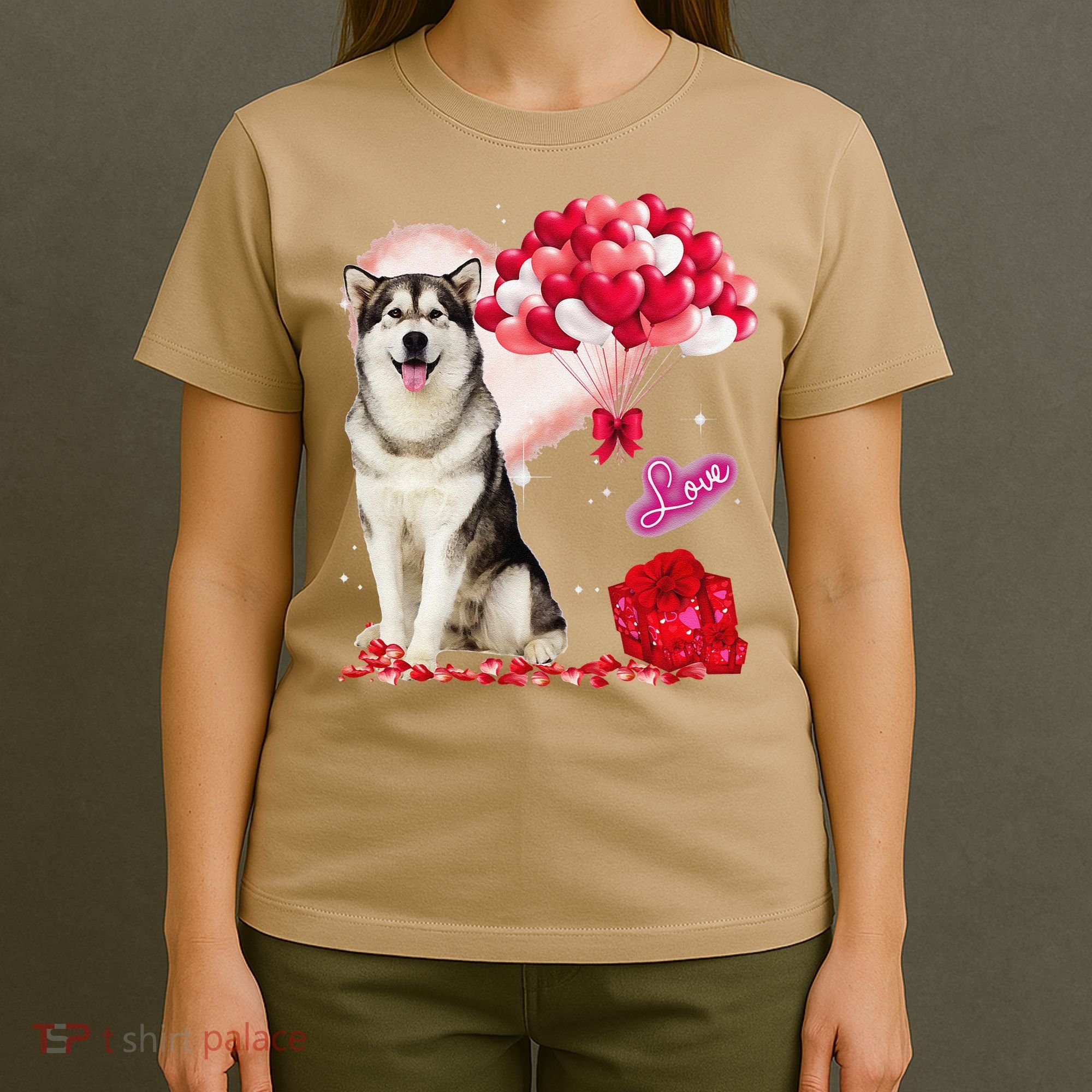 Cute Alaskan Malamute Balloon Heart Valentine's Day T-Shirt