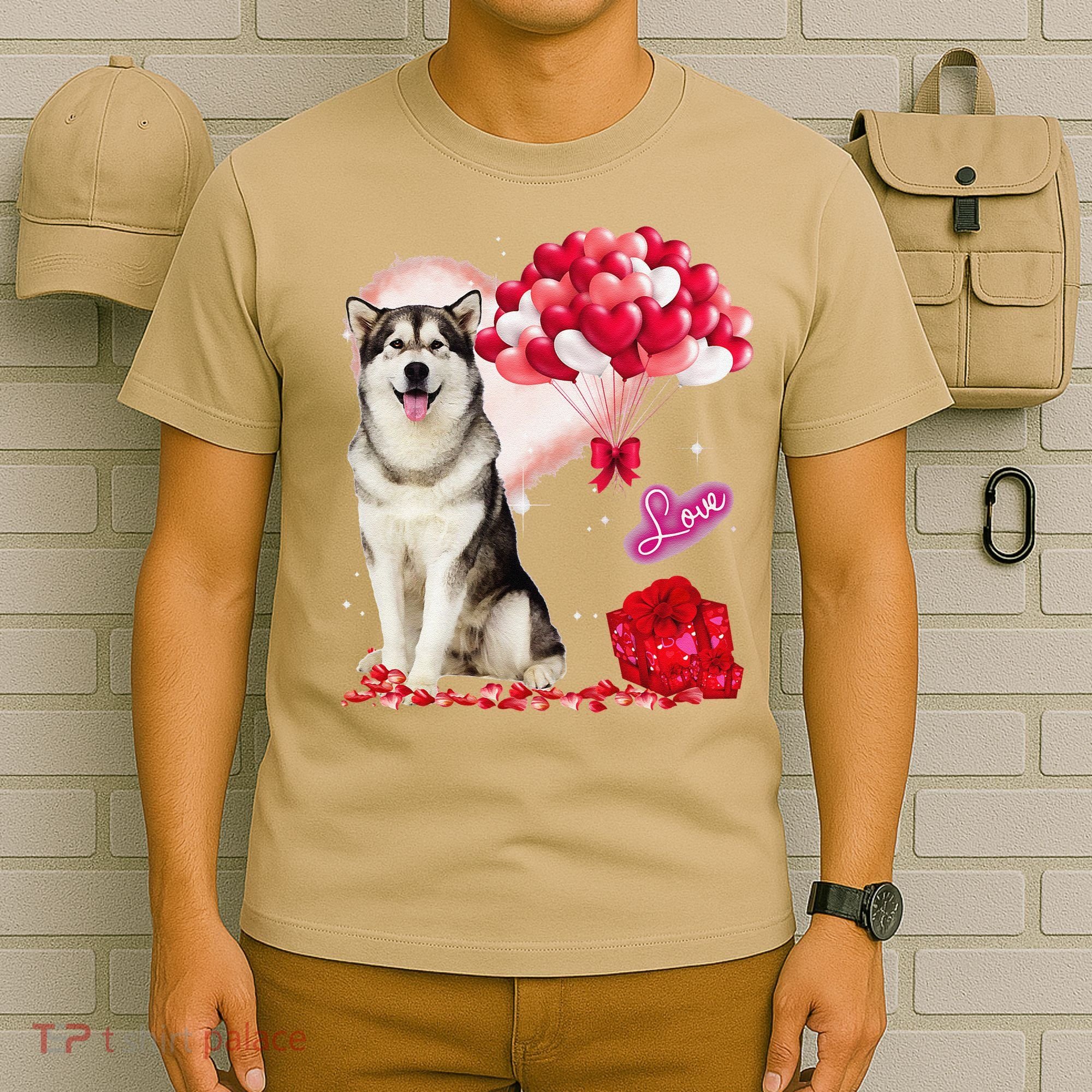 Cute Alaskan Malamute Balloon Heart Valentine's Day T-Shirt