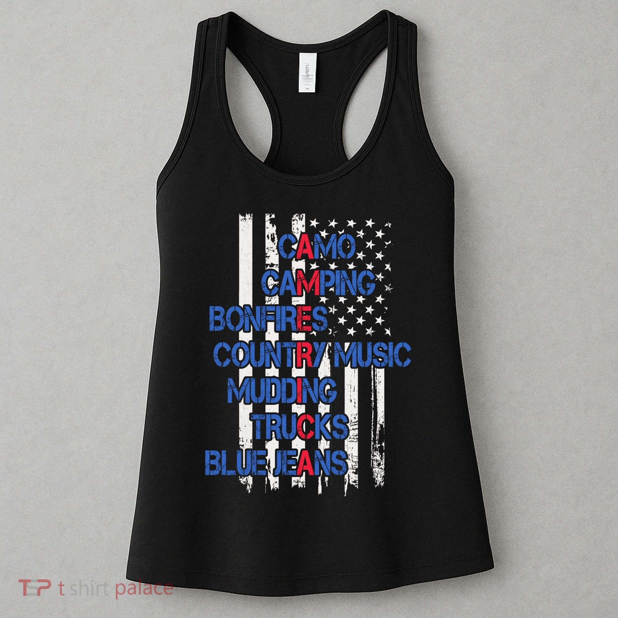 Camo Camping Bonfires Country Music Mudding  Trucks Blue Jeans Women's Tank Top