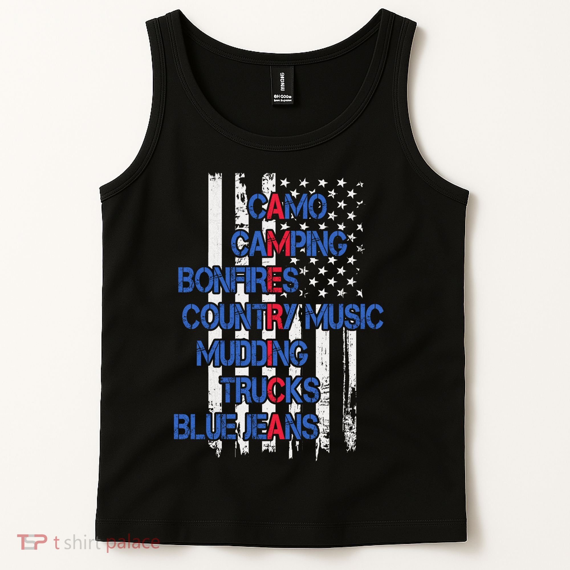 Camo Camping Bonfires Country Music Mudding  Trucks Blue Jeans Tank Top