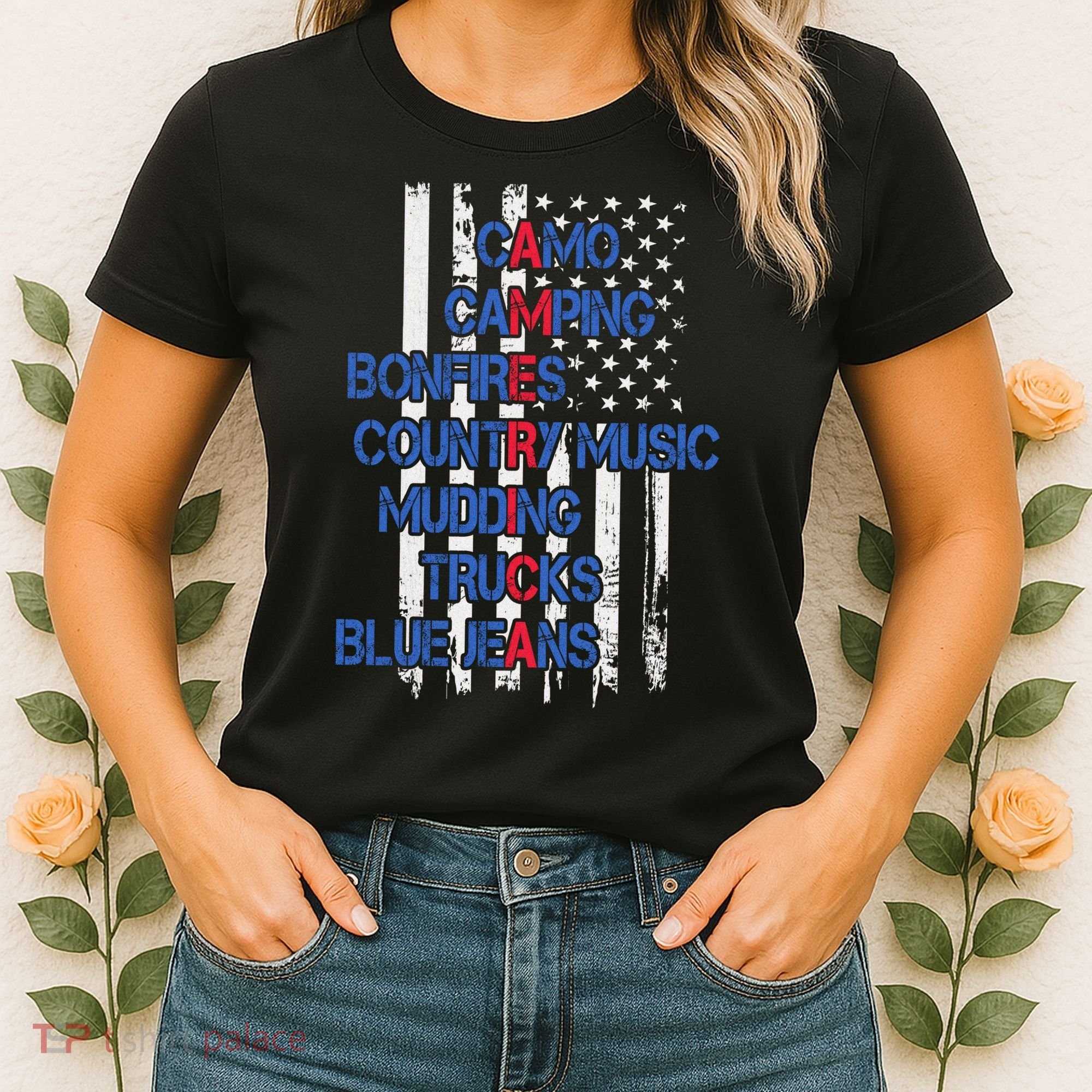Camo Camping Bonfires Country Music Mudding  Trucks Blue Jeans Women's T-Shirt