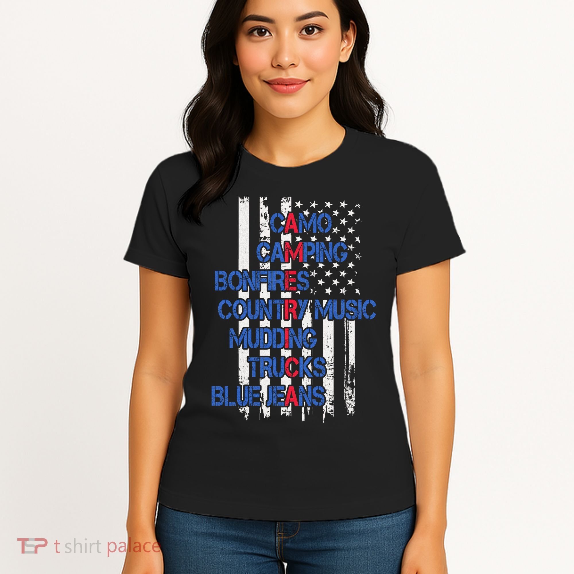 Camo Camping Bonfires Country Music Mudding  Trucks Blue Jeans Women's T-Shirt