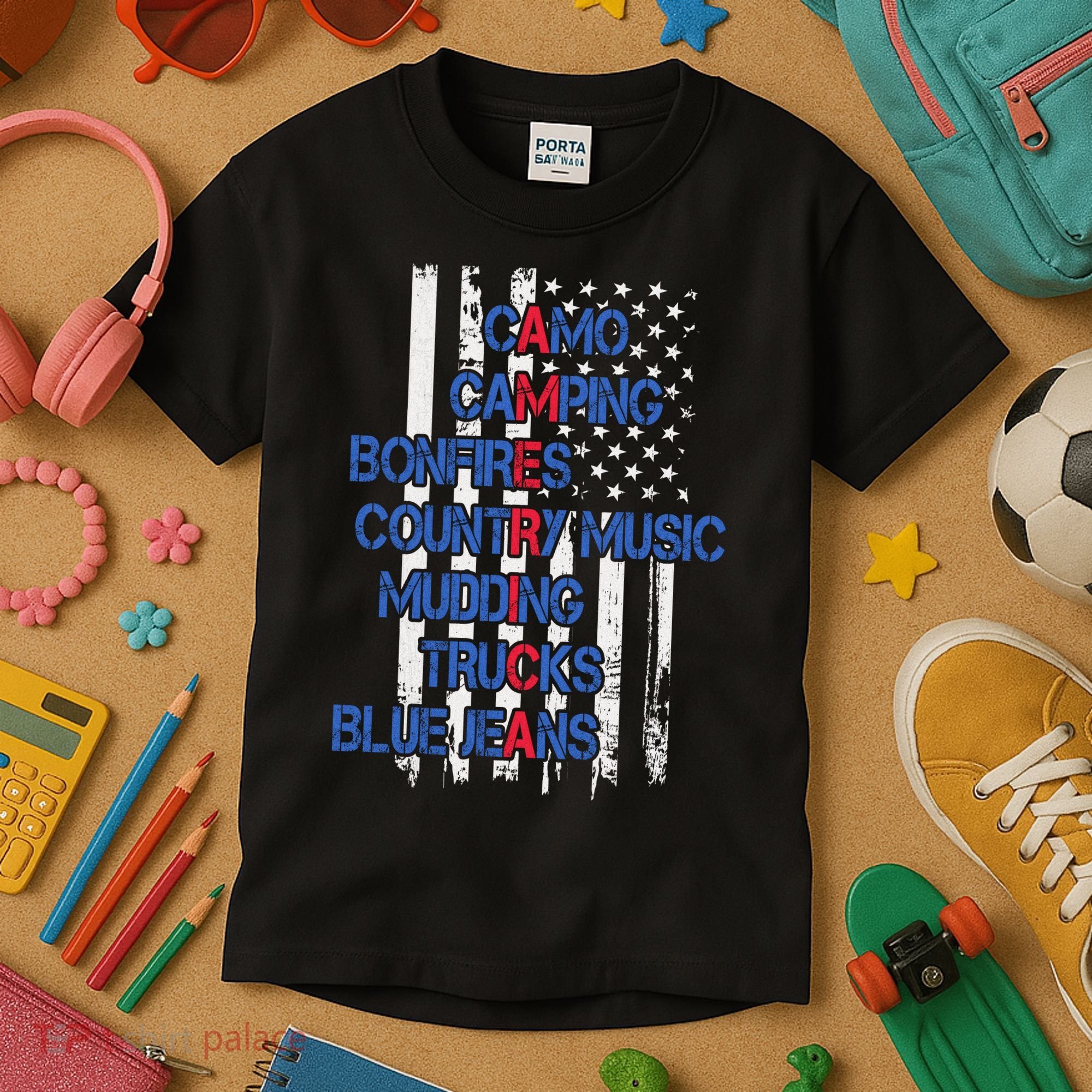 Camo Camping Bonfires Country Music Mudding  Trucks Blue Jeans Kids T-Shirt