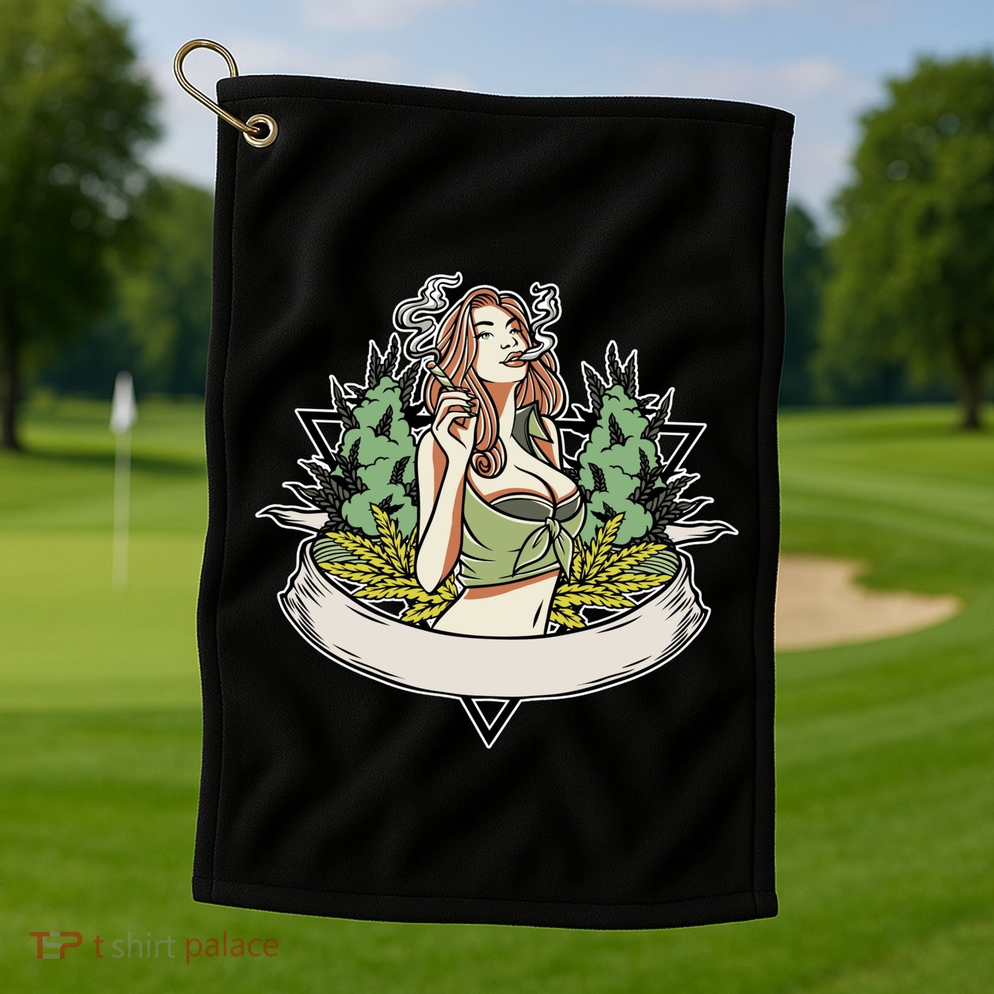 Cannabis Lady Smoking Pot Golf Towel