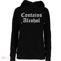 Contains Alcohol Old English Style Beer Wine Lover Womens Funnel Neck Pullover Hood thumb 0