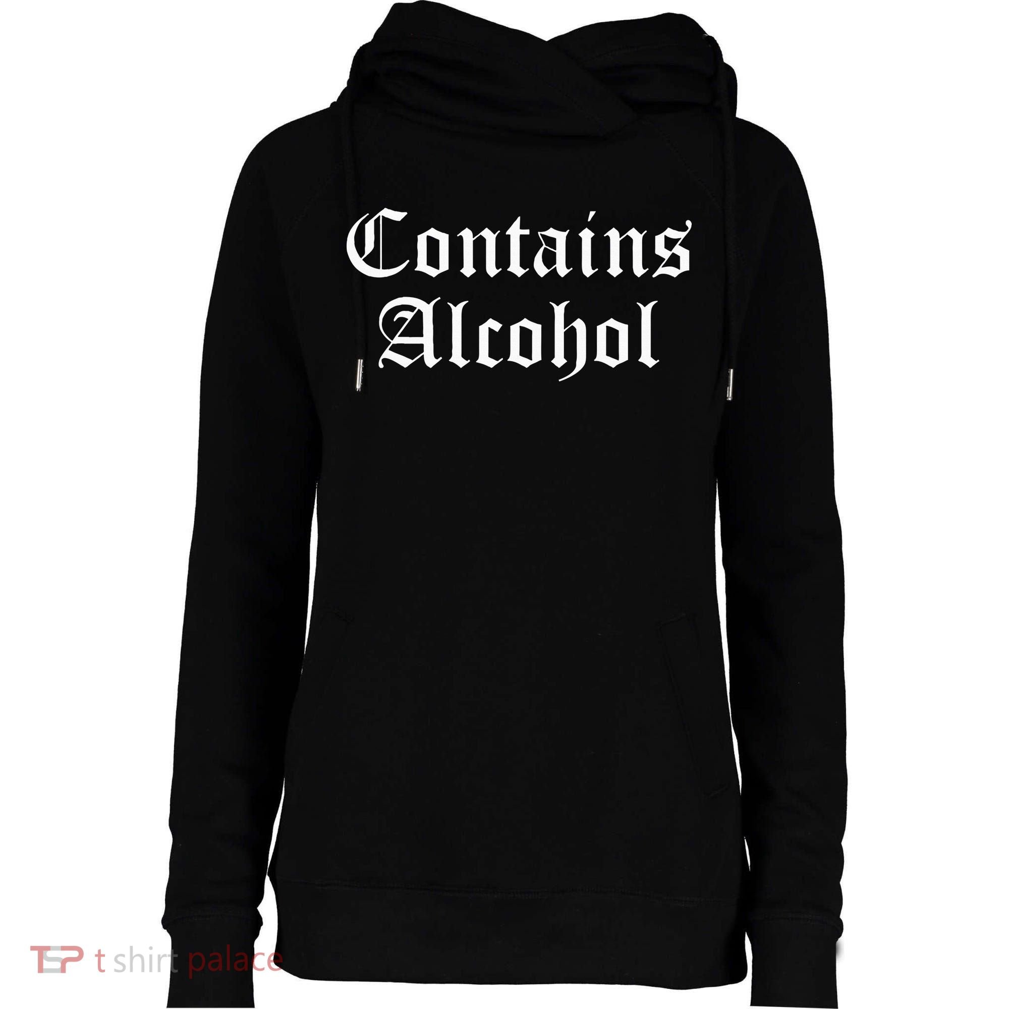 Contains Alcohol Old English Style Beer Wine Lover Womens Funnel Neck Pullover Hood