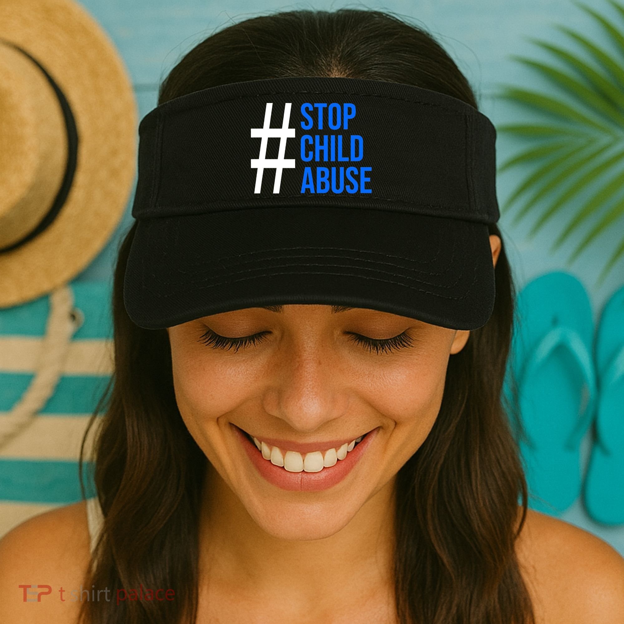 Child Abuse Prevention Awareness Blue Boho Rainbow Pinwheel Visor
