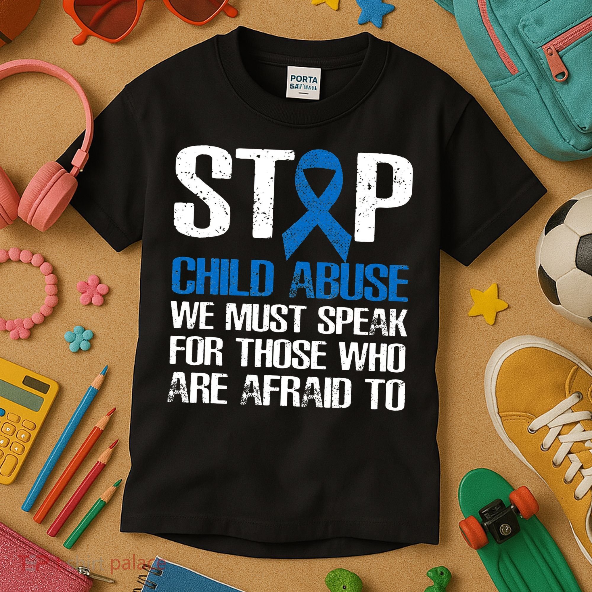 Child Abuse Prevention Awareness Month Blue Ribbon Butterfly Kids T-Shirt