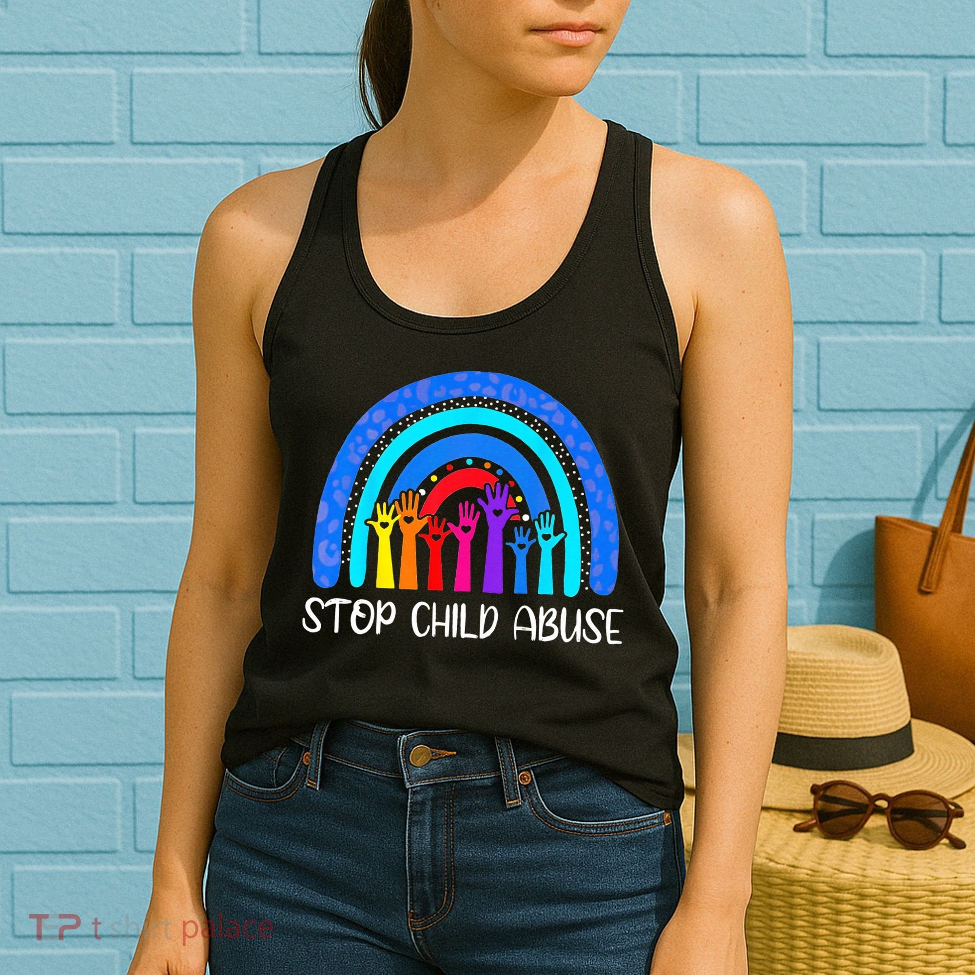 Child Abuse Prevention Awareness Month Blue Ribbon Cat Women's Tank Top