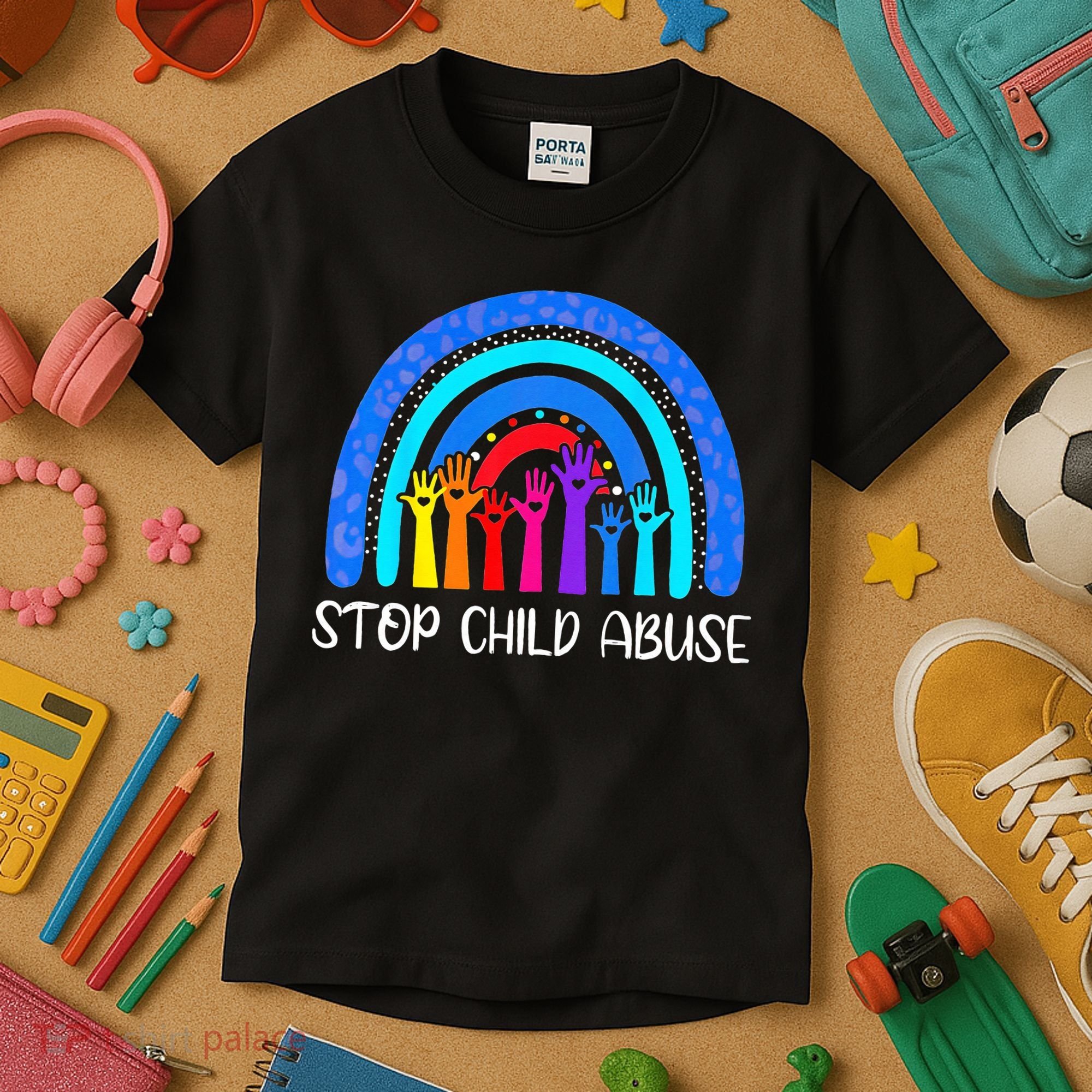 Child Abuse Prevention Awareness Month Blue Ribbon Cat Kids T-Shirt