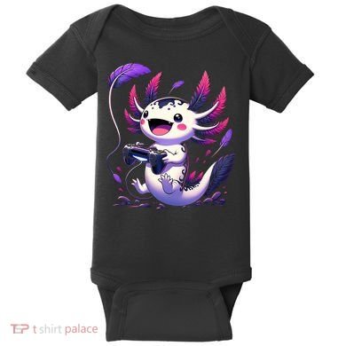 Cute Axolotl Playing Console Video Games Axolotl Gaming Baby Bodysuit