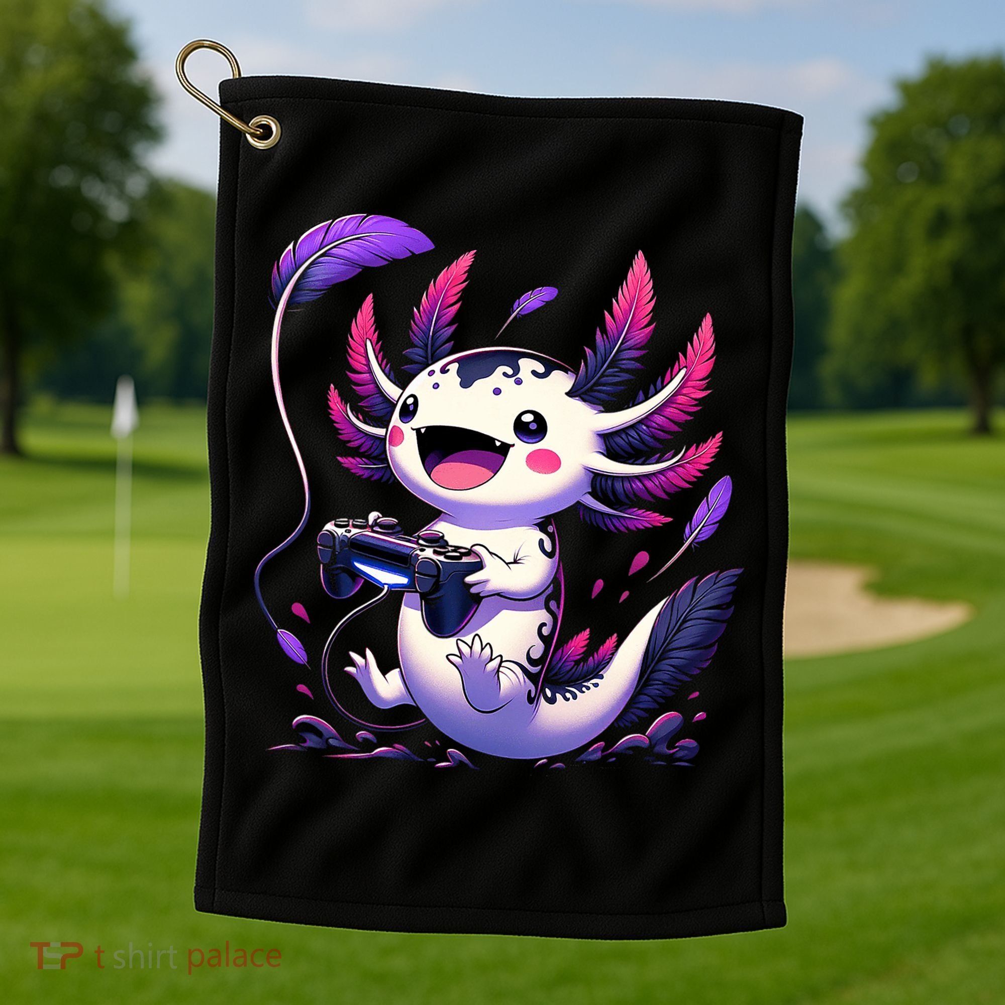 Cute Axolotl Playing Console Video Games Axolotl Gaming Golf Towel