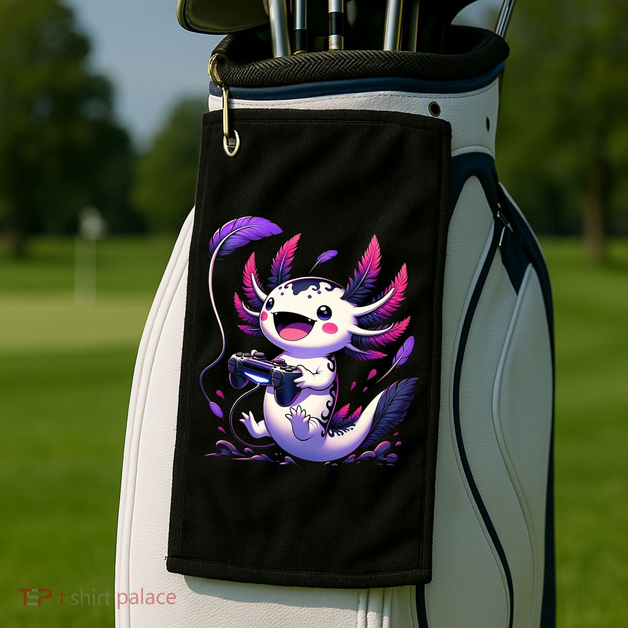 Cute Axolotl Playing Console Video Games Axolotl Gaming Golf Towel