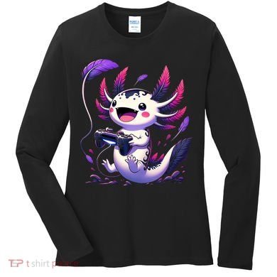 Cute Axolotl Playing Console Video Games Axolotl Gaming Women's Long Sleeve Shirt