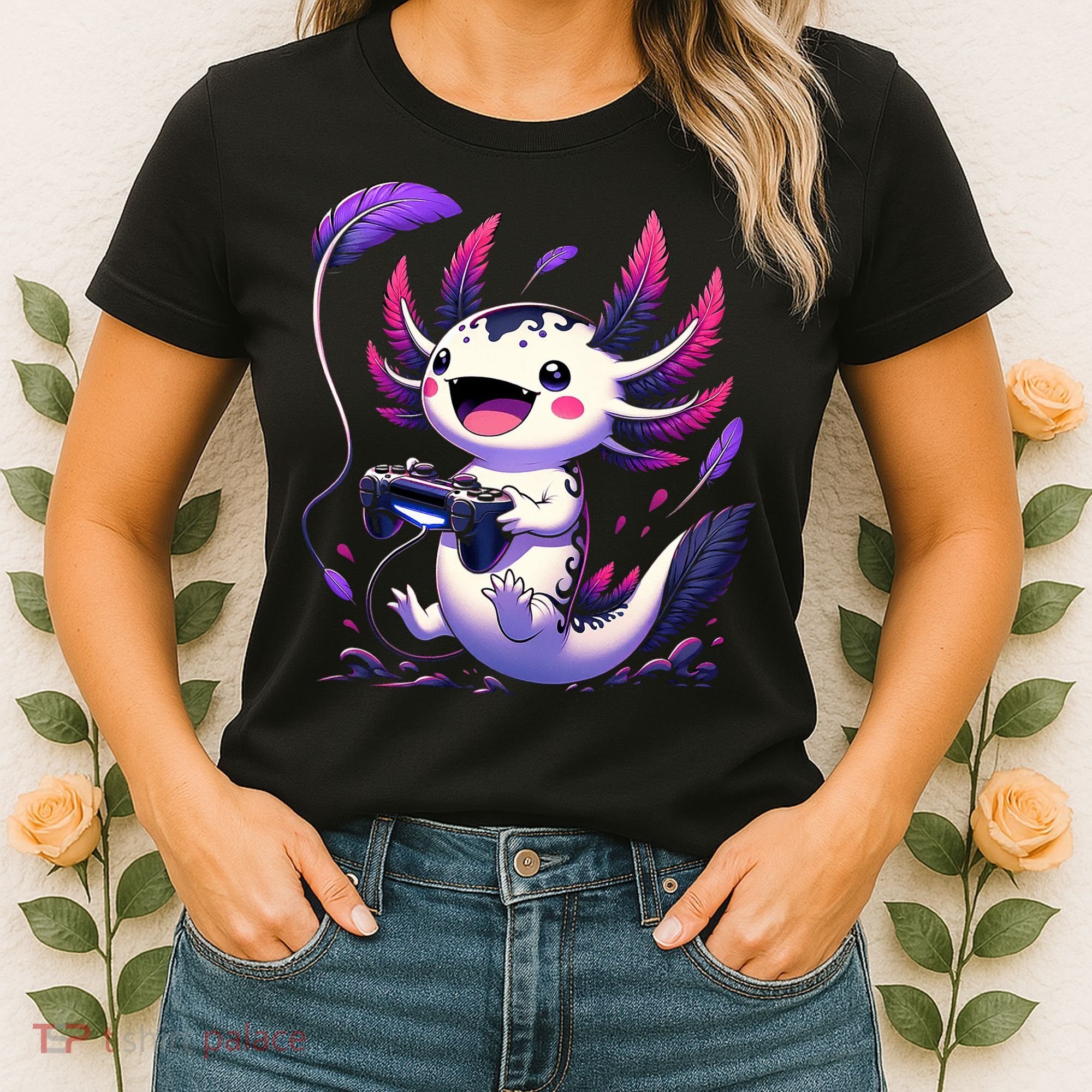 Cute Axolotl Playing Console Video Games Axolotl Gaming Women's T-Shirt