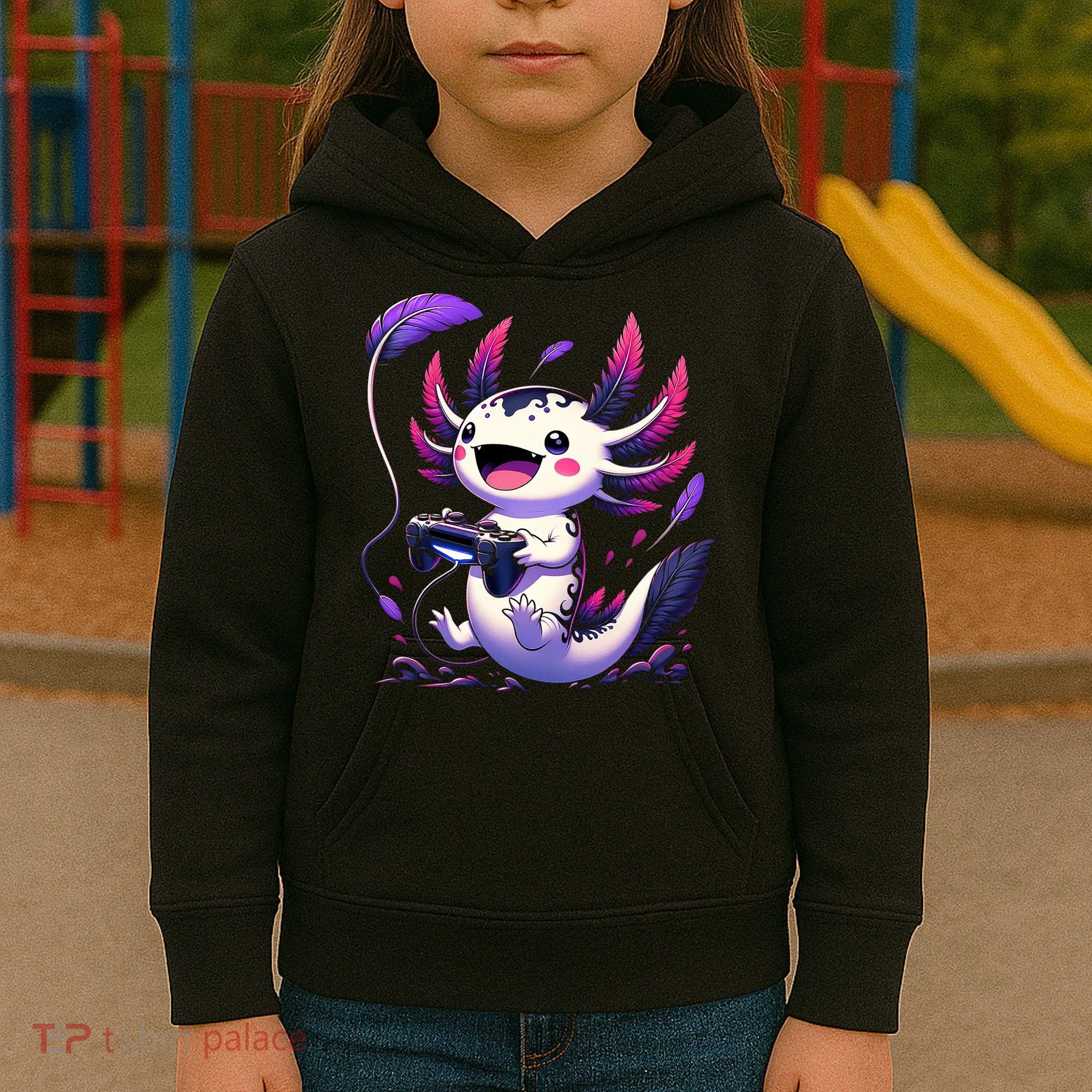 Cute Axolotl Playing Console Video Games Axolotl Gaming Kids Hoodie