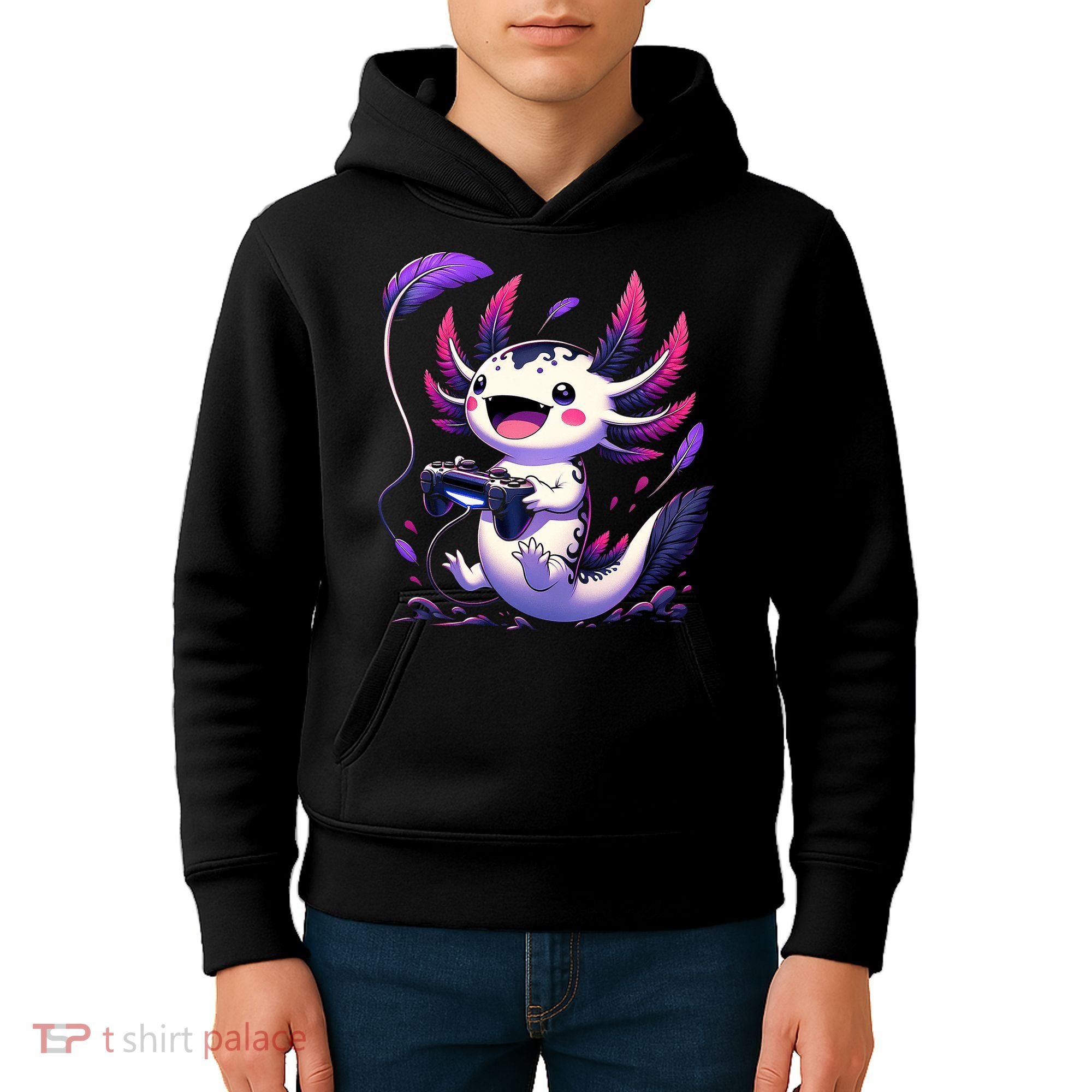 Cute Axolotl Playing Console Video Games Axolotl Gaming Kids Hoodie