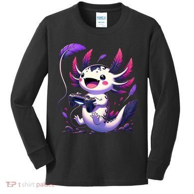 Cute Axolotl Playing Console Video Games Axolotl Gaming Kids Long Sleeve Shirt