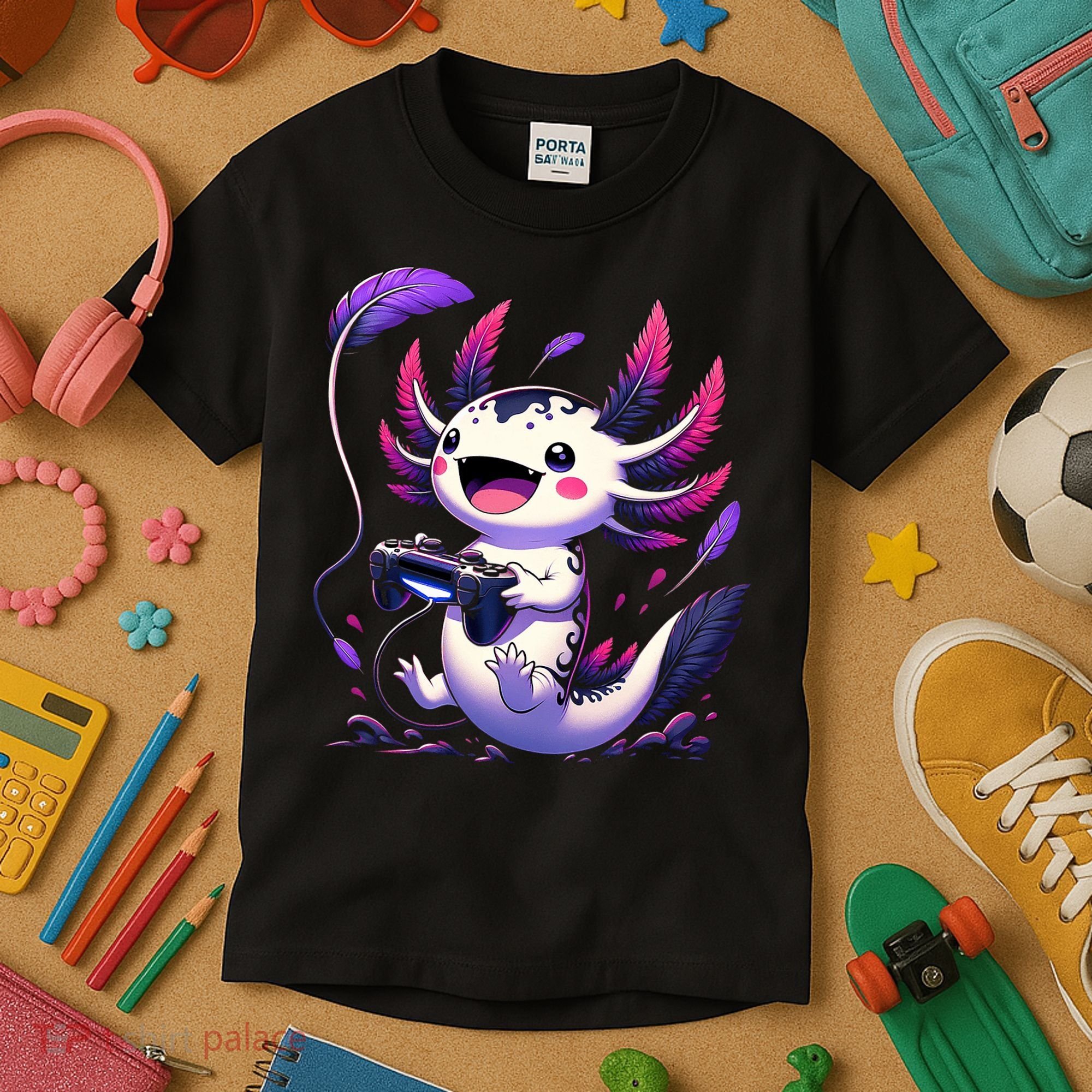Cute Axolotl Playing Console Video Games Axolotl Gaming Kids T-Shirt