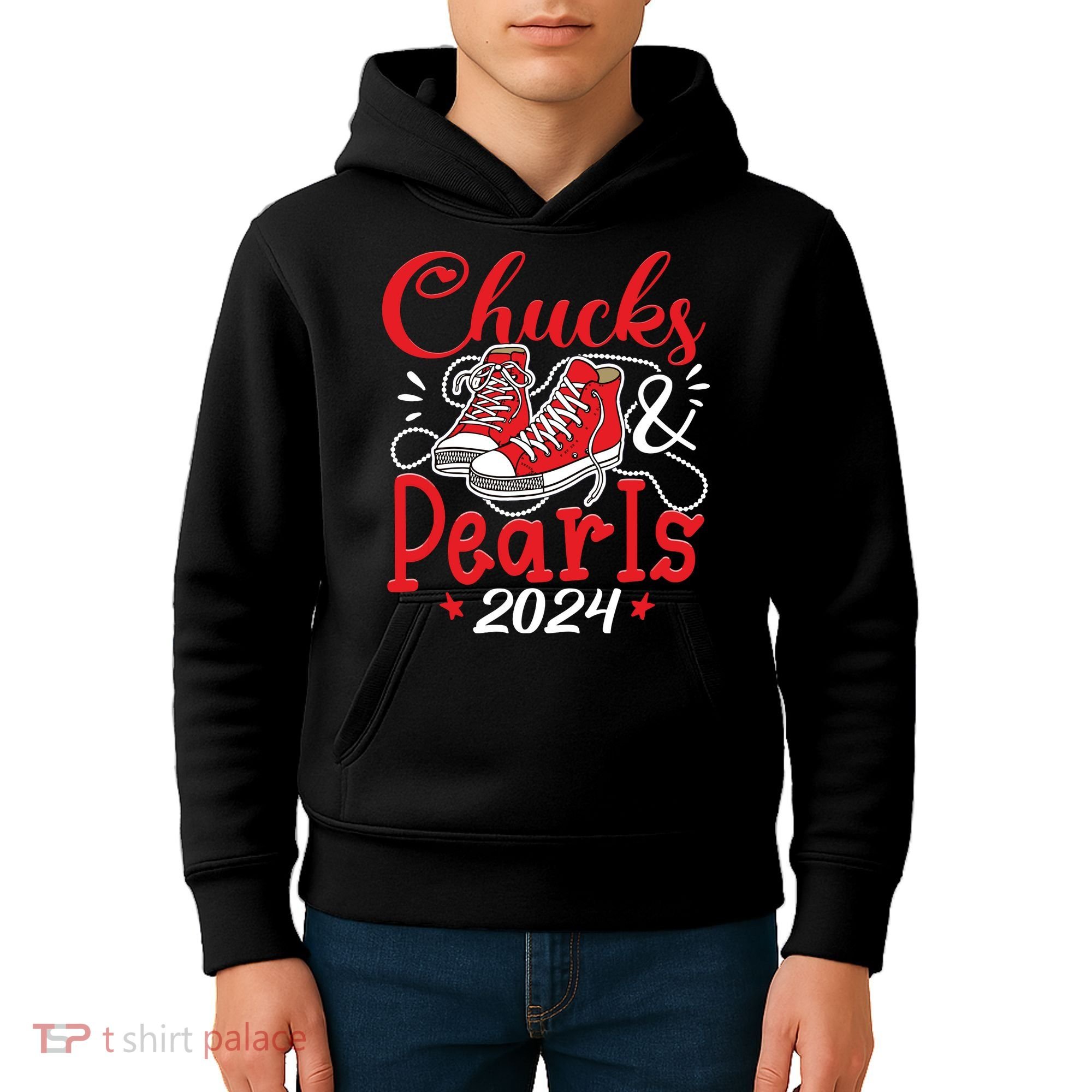 Chucks And Pearls Im With Her Kamala 2024 Kids Hoodie
