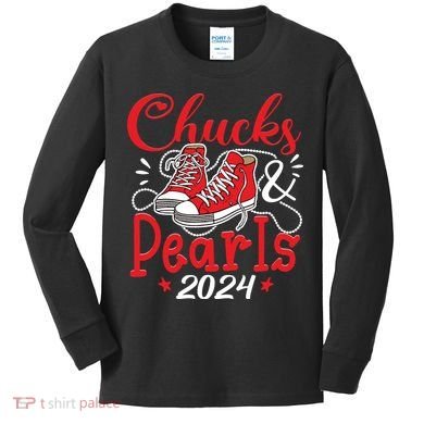 Chucks And Pearls Im With Her Kamala 2024 Kids Long Sleeve Shirt