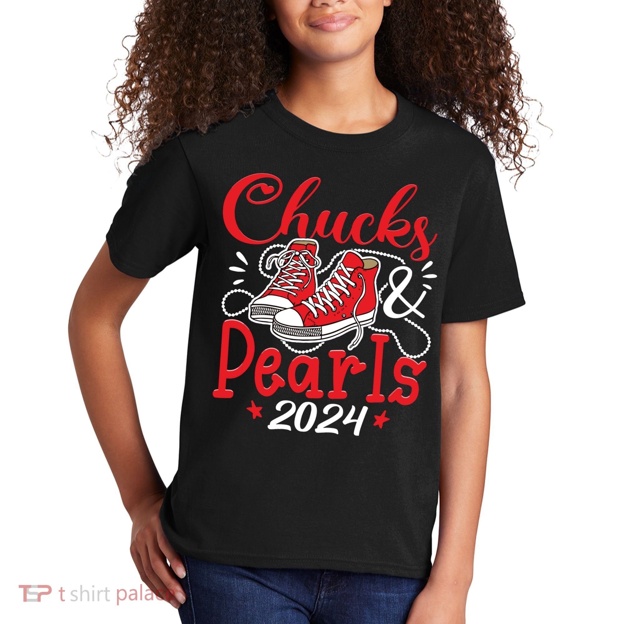 Chucks And Pearls Im With Her Kamala 2024 Kids T-Shirt