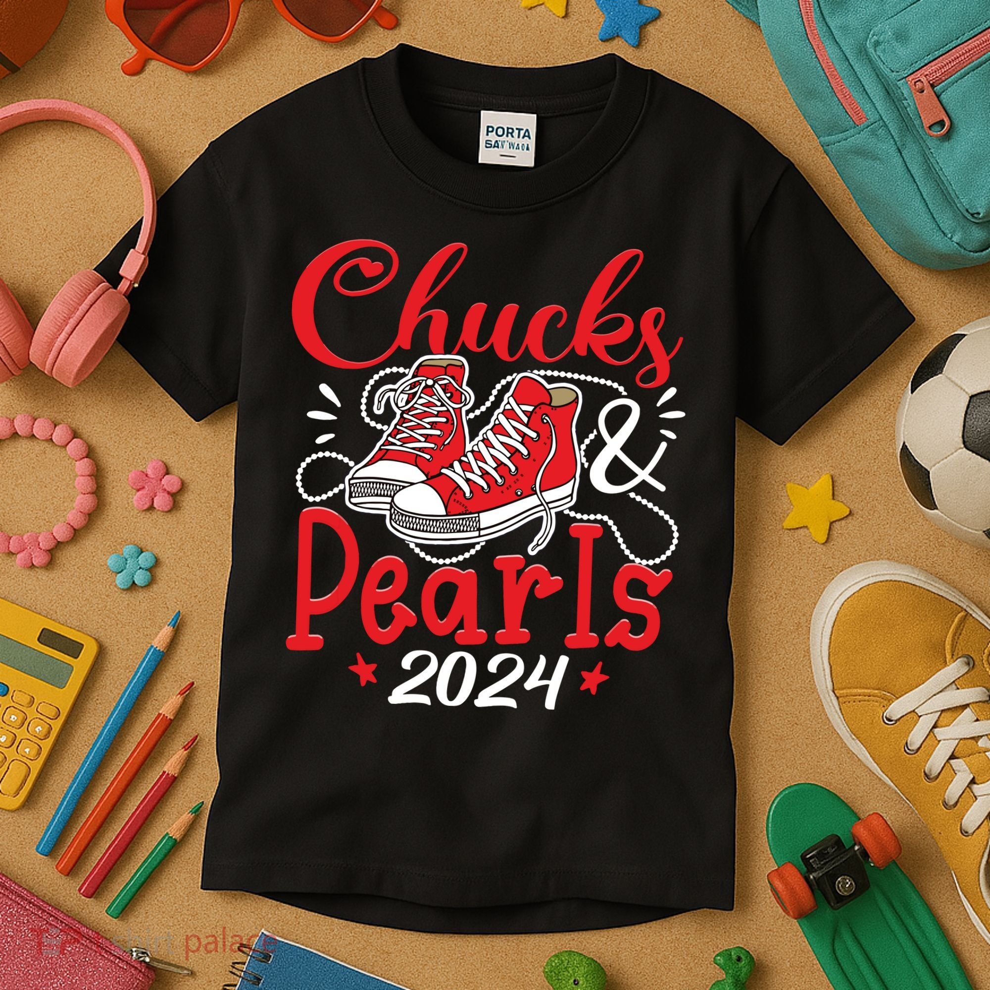 Chucks And Pearls Im With Her Kamala 2024 Kids T-Shirt