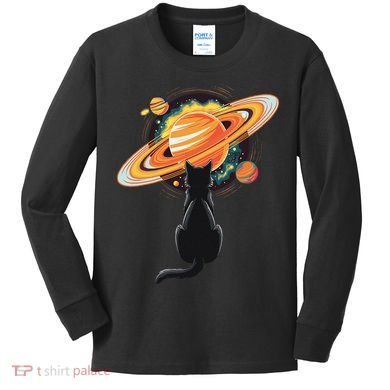 Cat And Planets Cosmic Universe Design Kids Long Sleeve Shirt